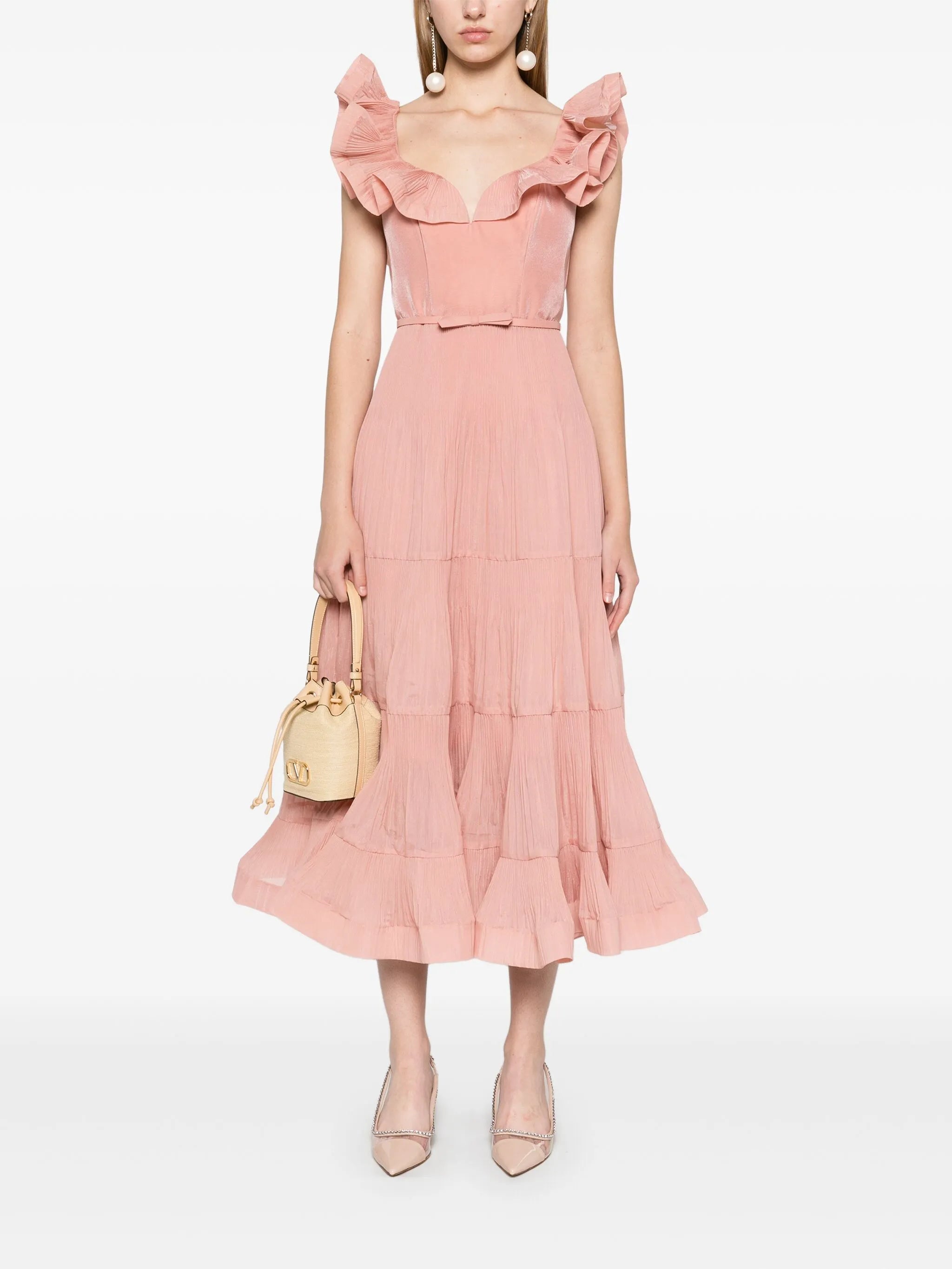 pleated frilled midi dress