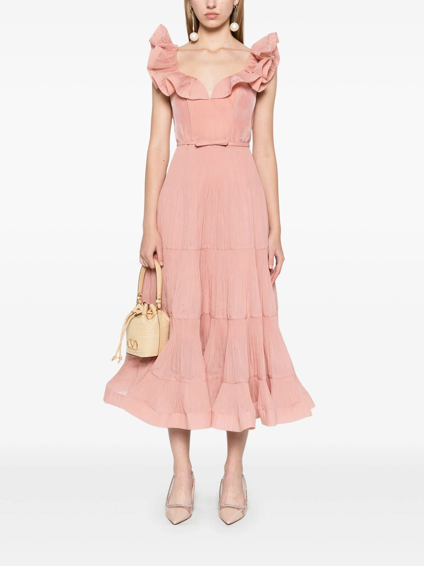 pleated frilled midi dress