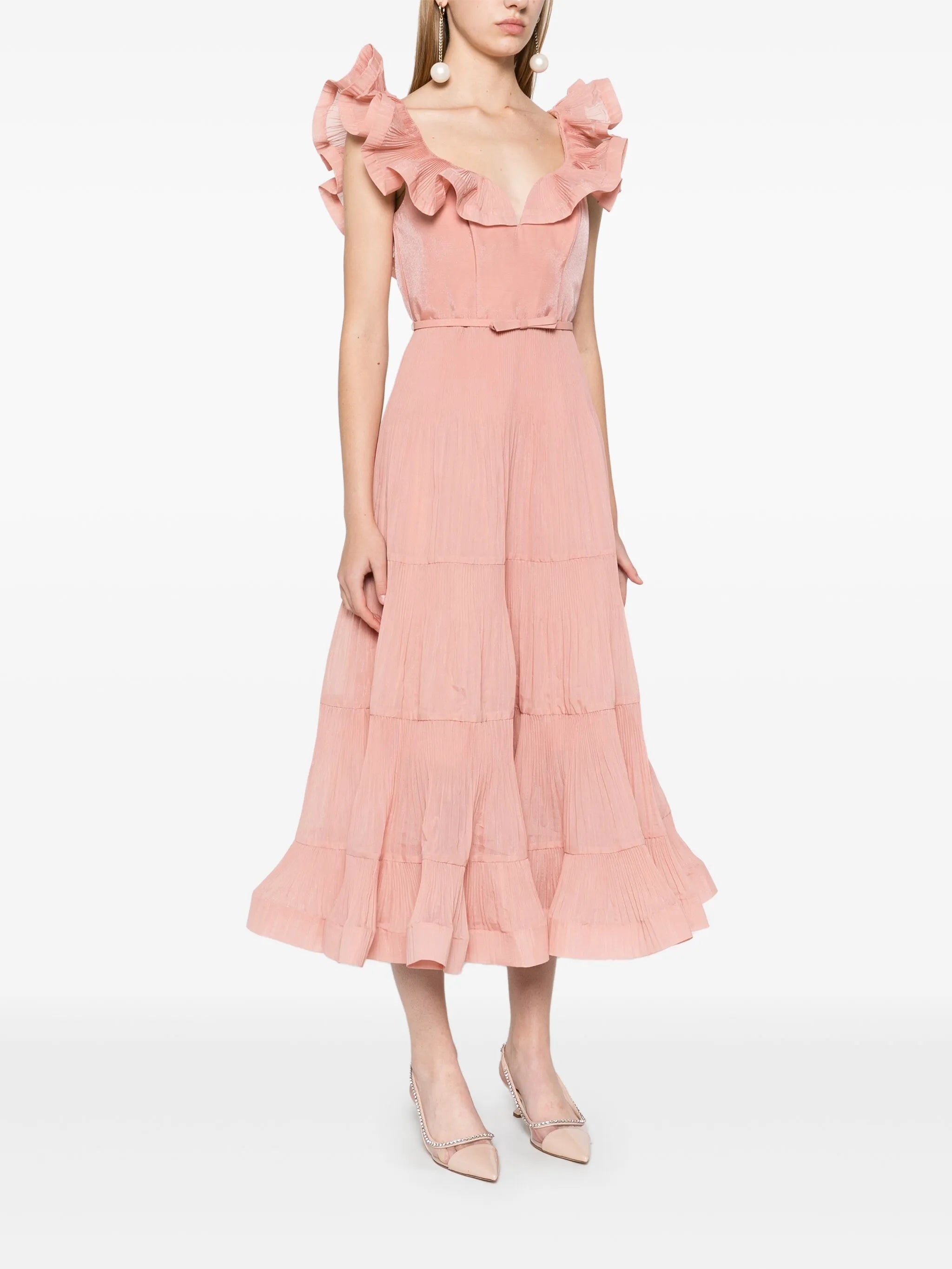 pleated frilled midi dress