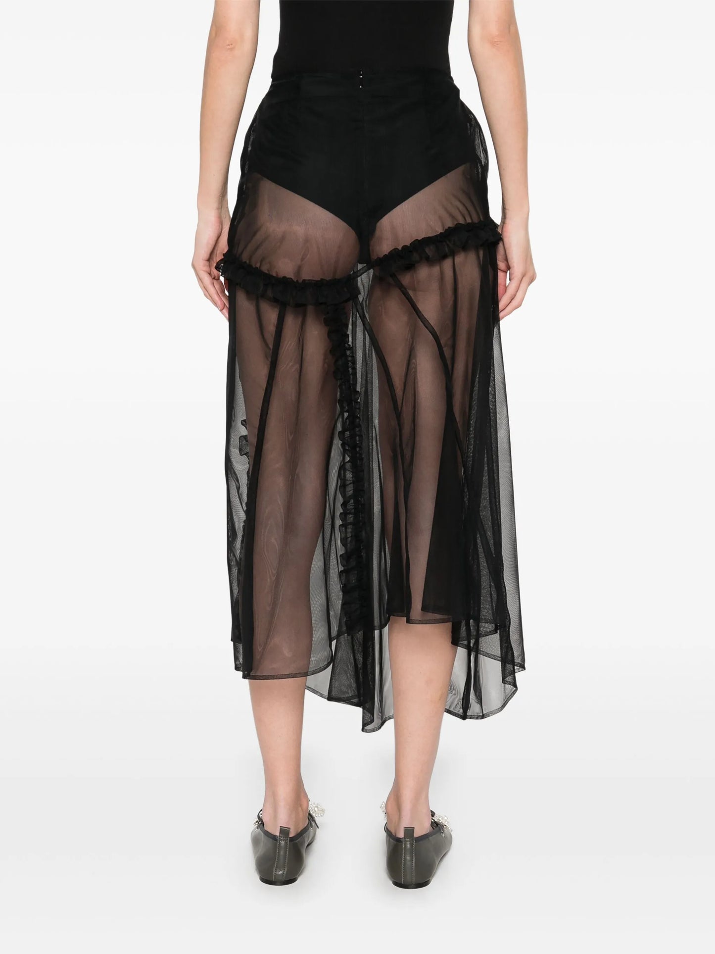 sheer ruffle-trim midi skirt
