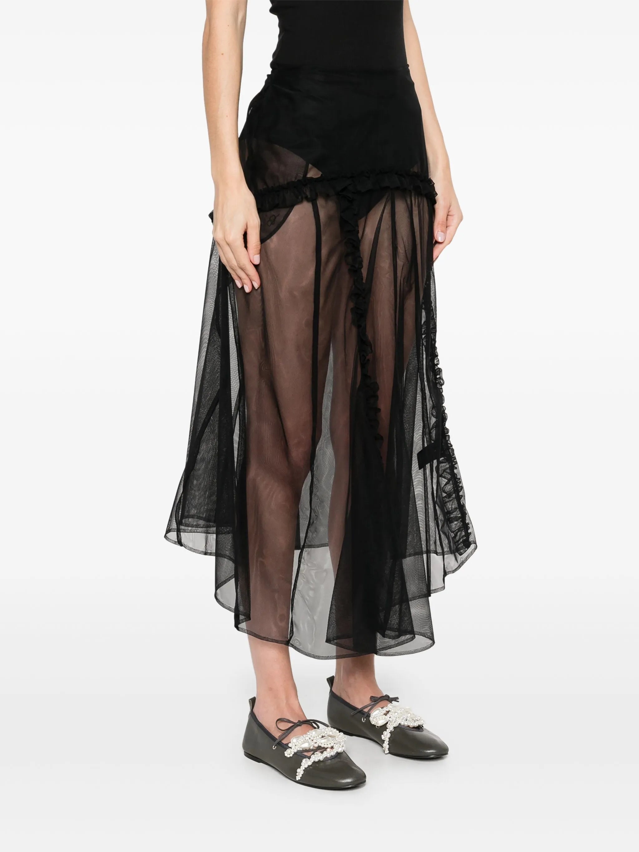 sheer ruffle-trim midi skirt