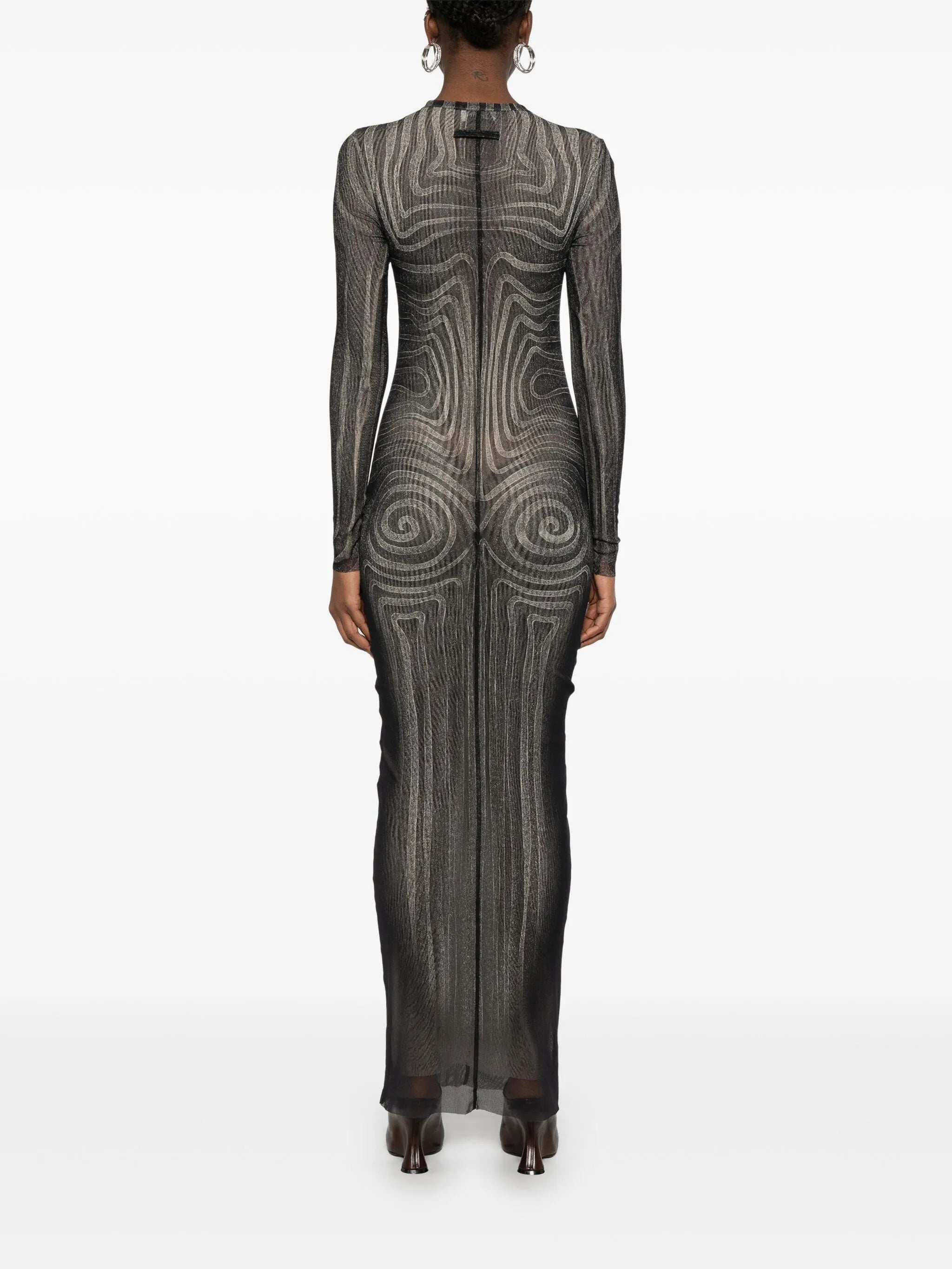 spiral-print mesh maxi dress