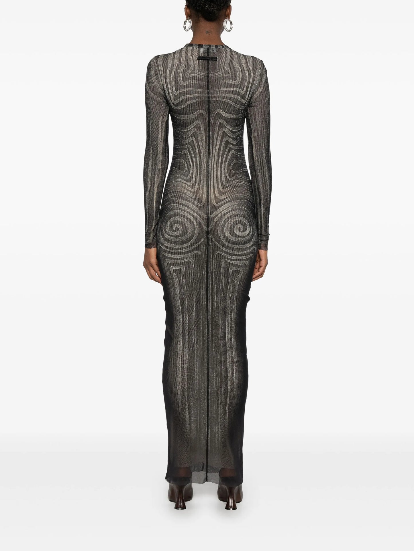 spiral-print mesh maxi dress