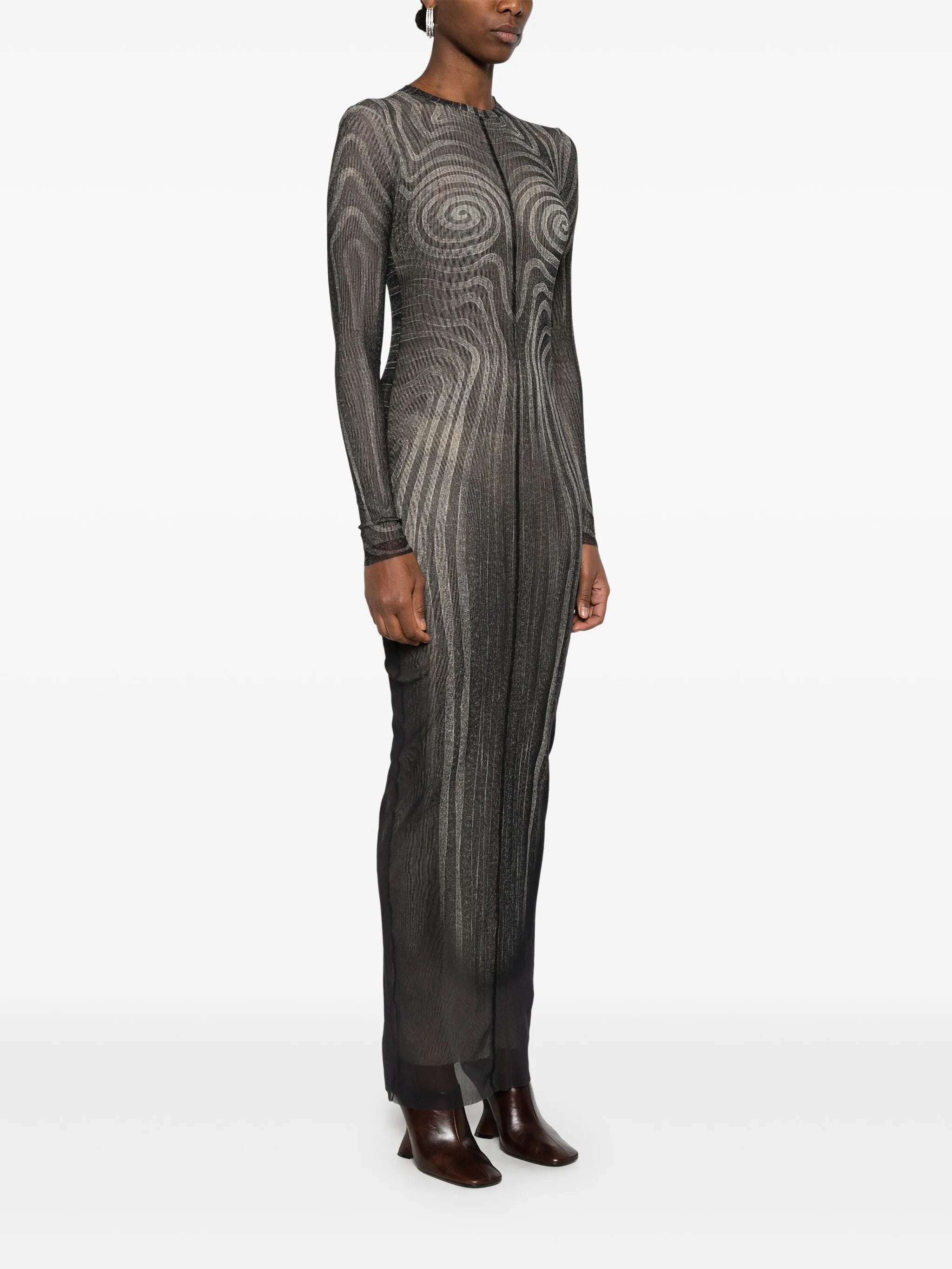spiral-print mesh maxi dress