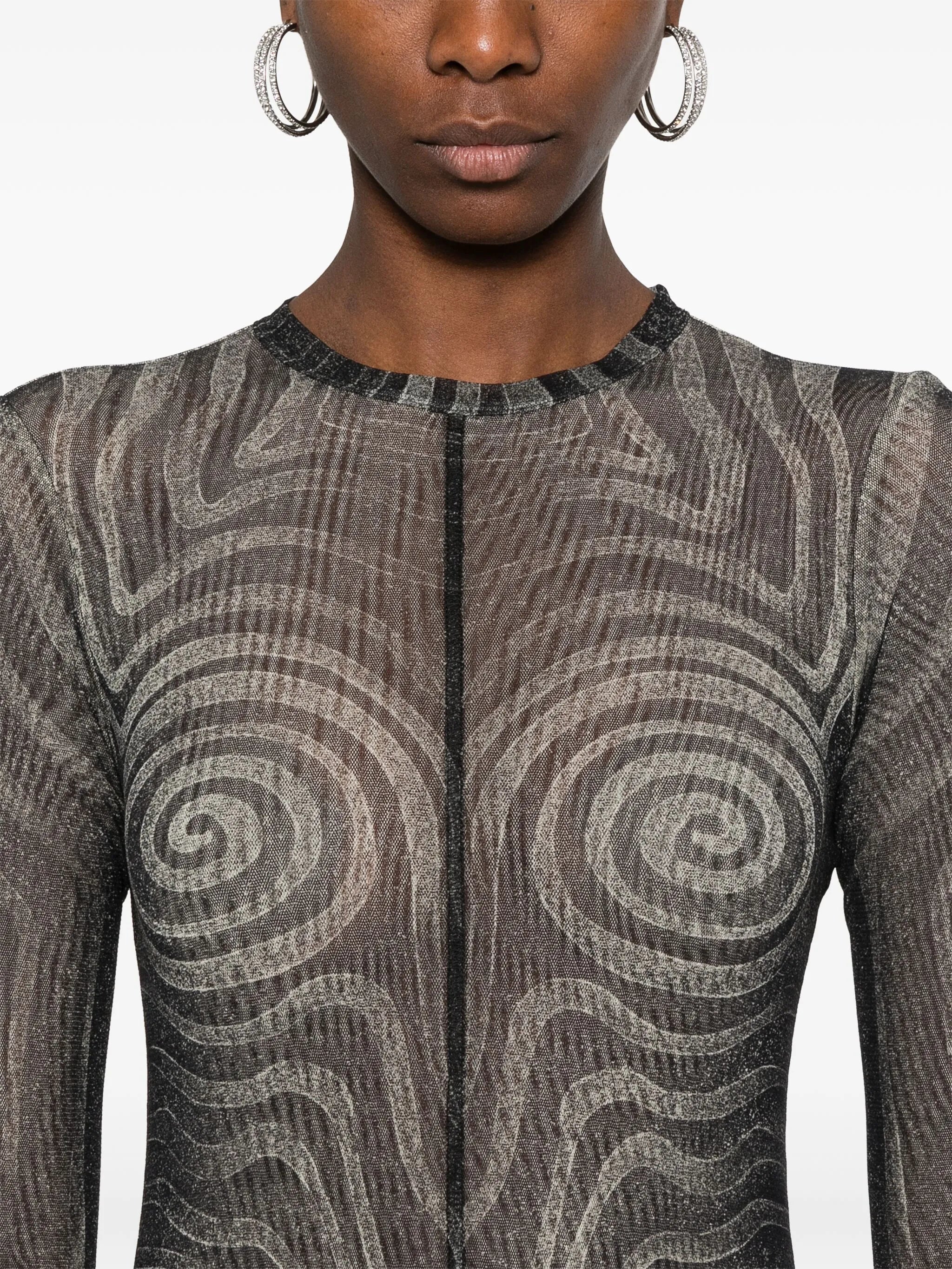 spiral-print mesh maxi dress