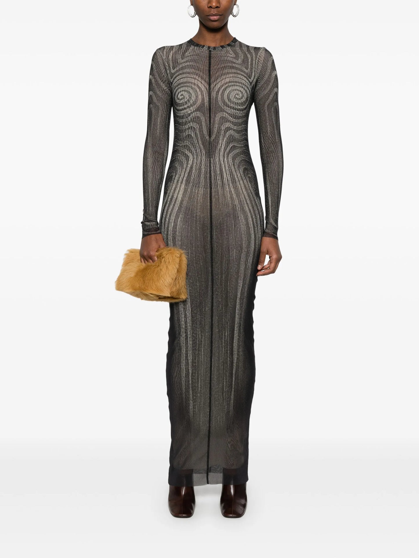 spiral-print mesh maxi dress