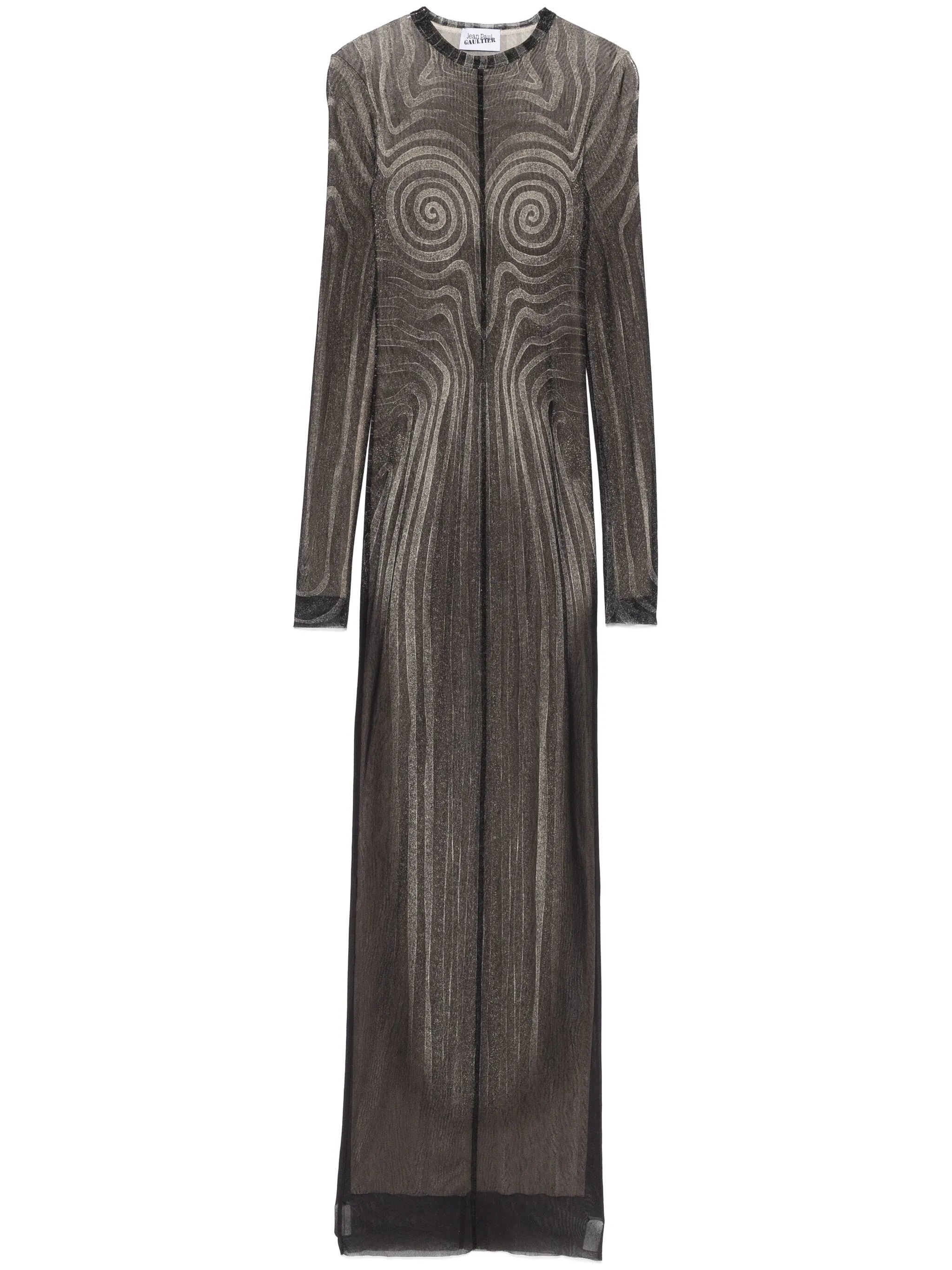 spiral-print mesh maxi dress