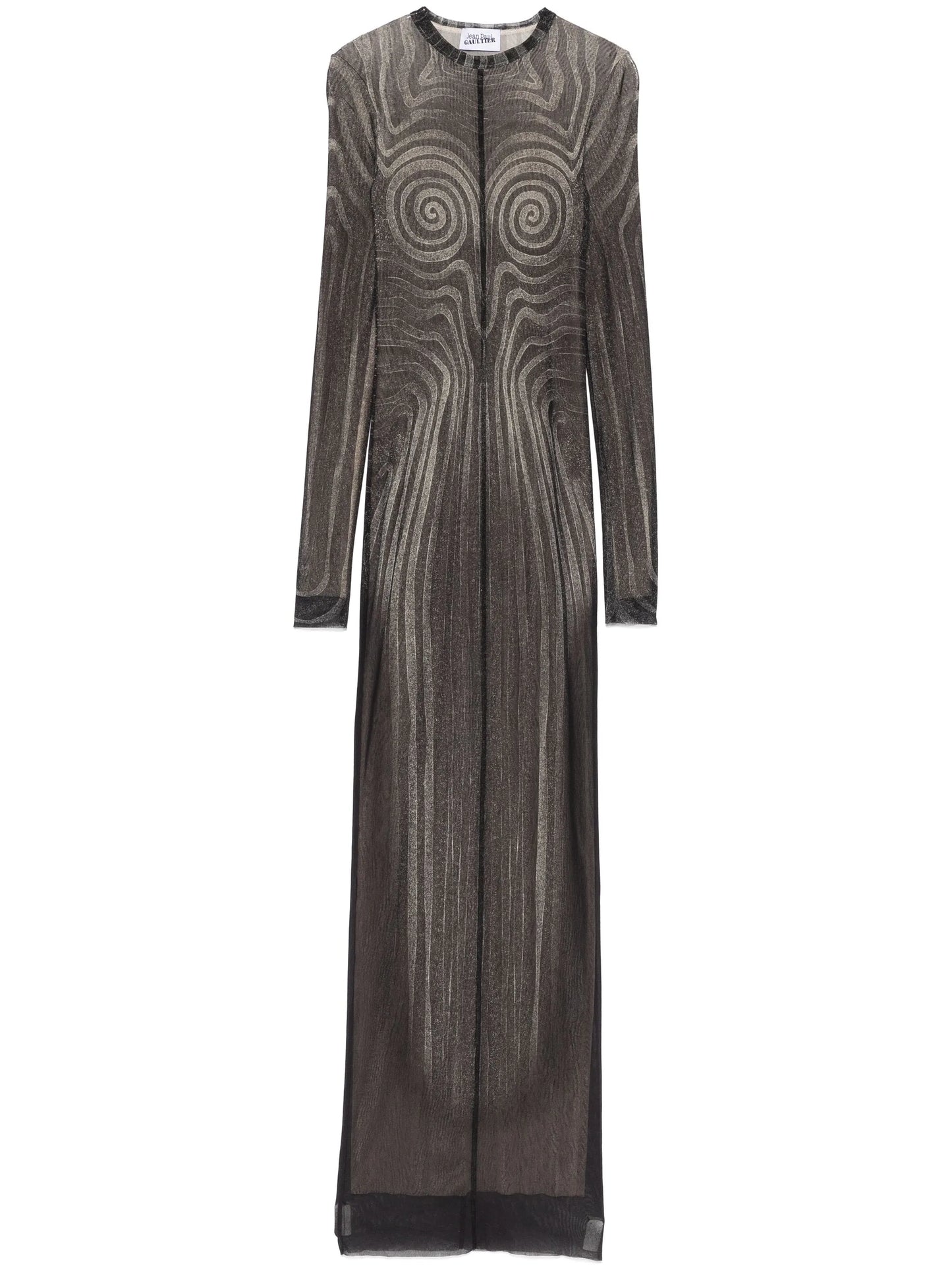 spiral-print mesh maxi dress
