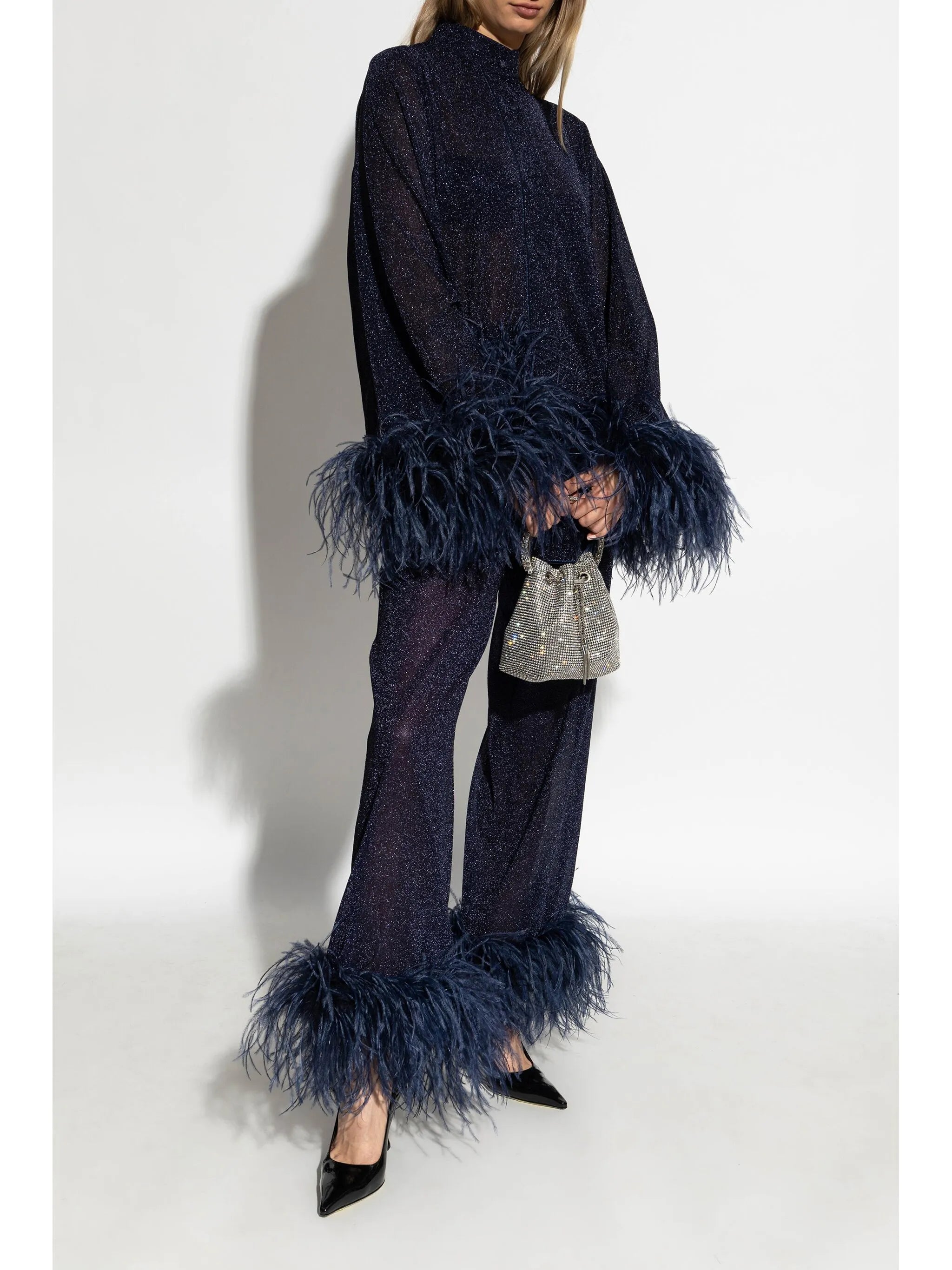 feather-embellished blouse
