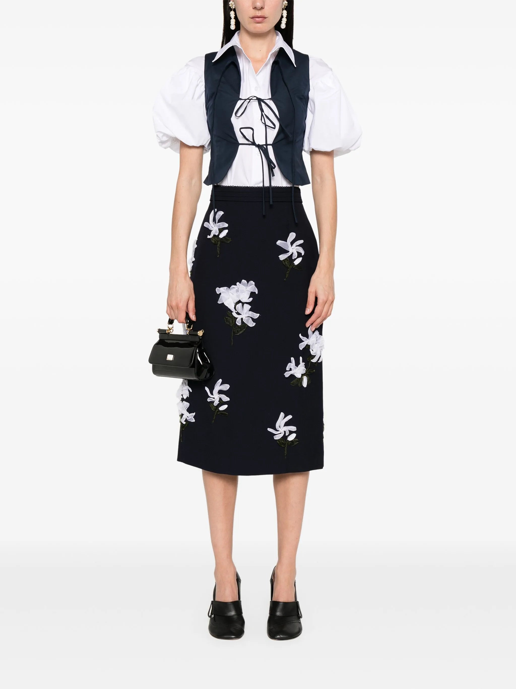 floral-appliqué midi skirt