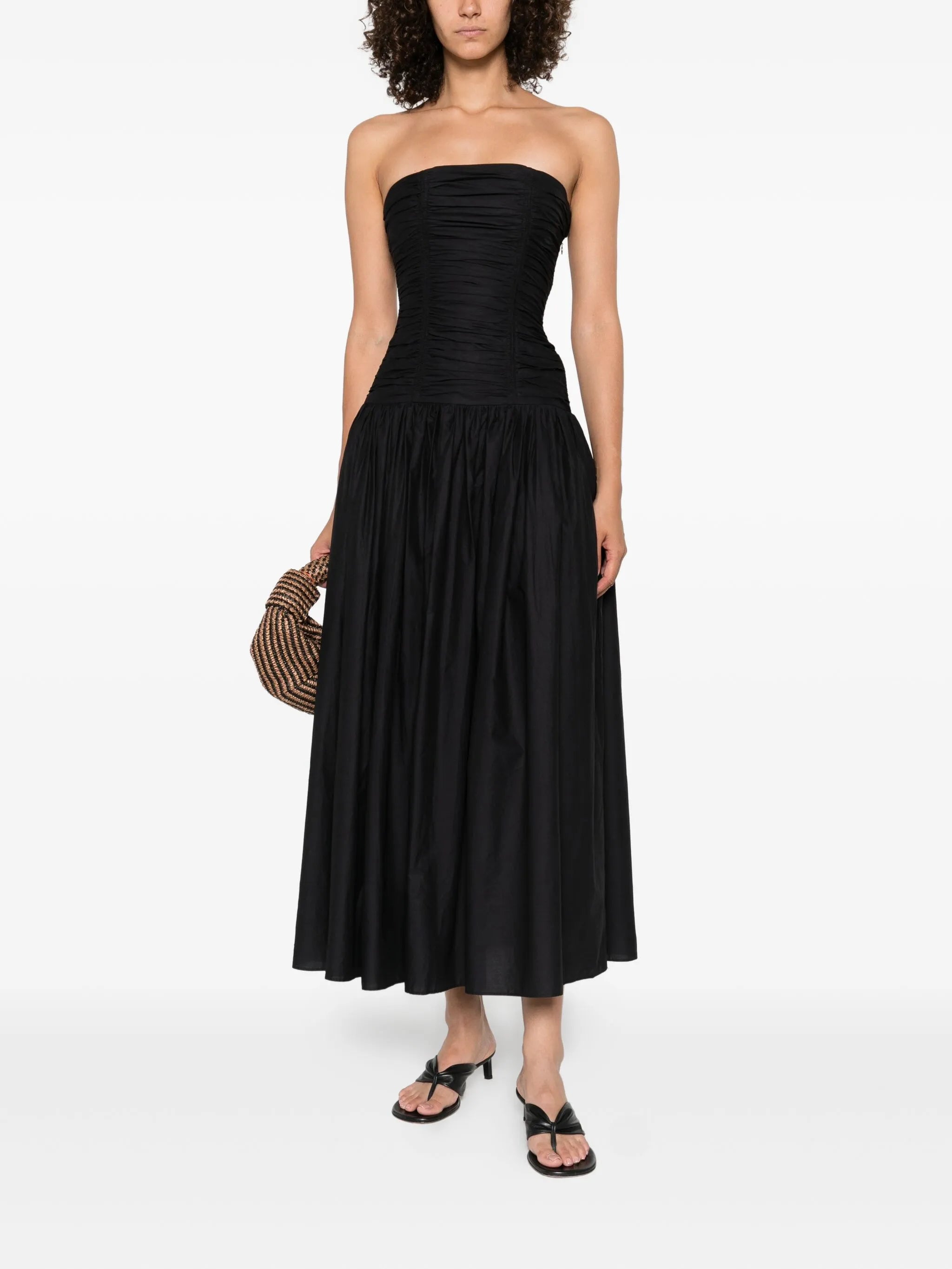 drop-waist strapless midi dress