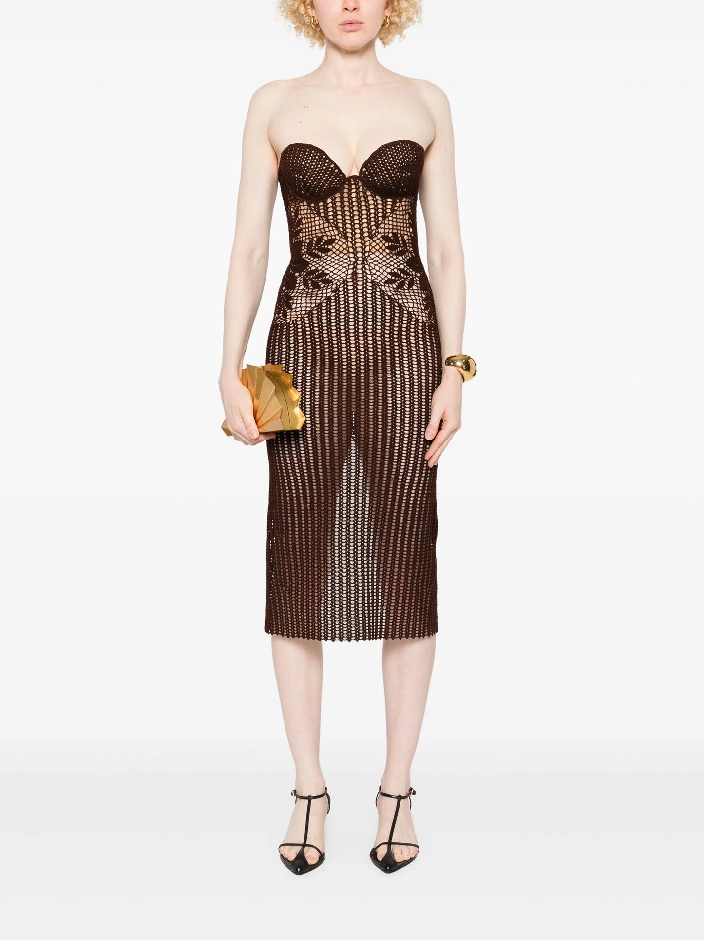 strapless crochet midi dress
