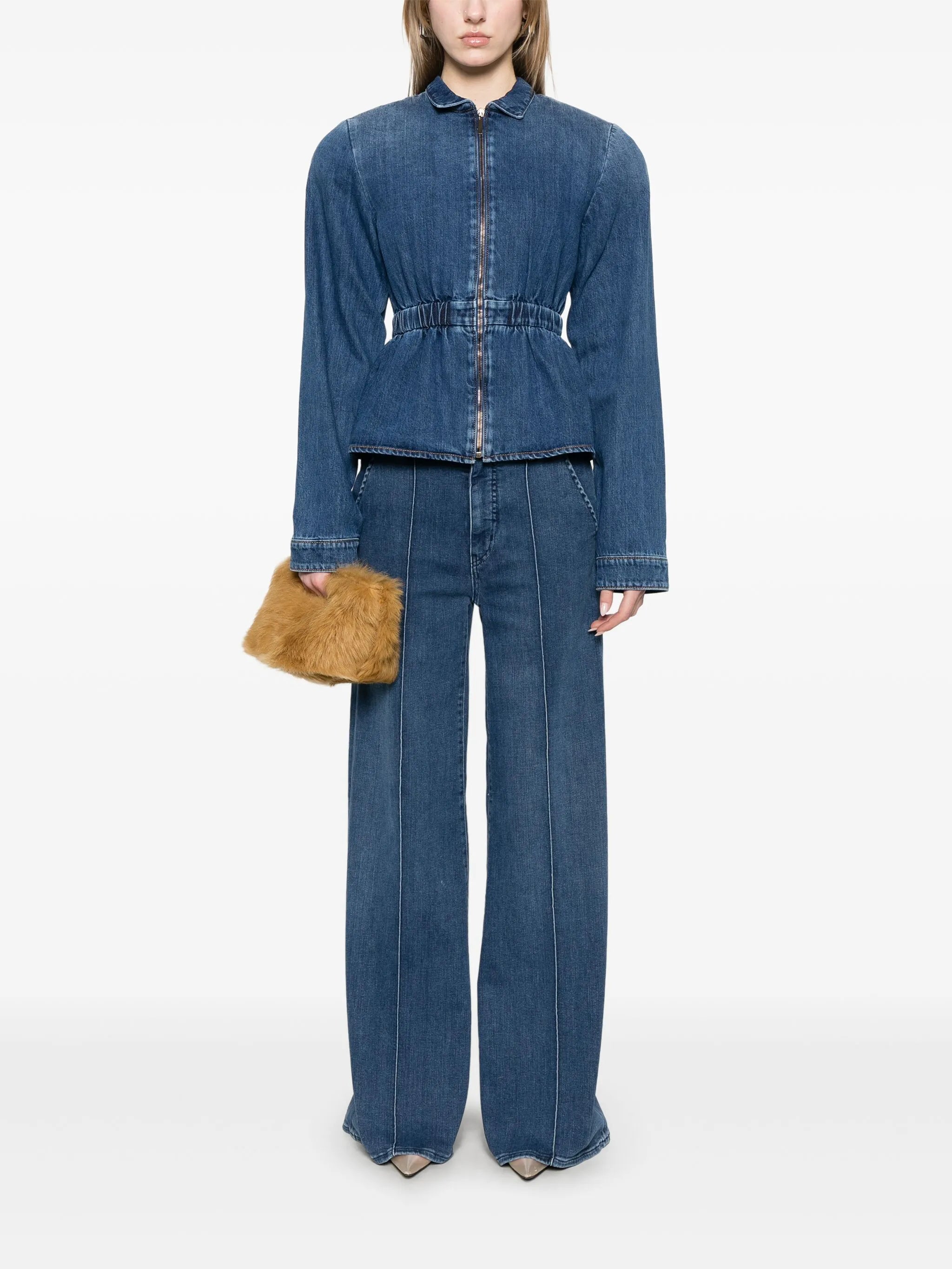 gathered-waist denim jacket