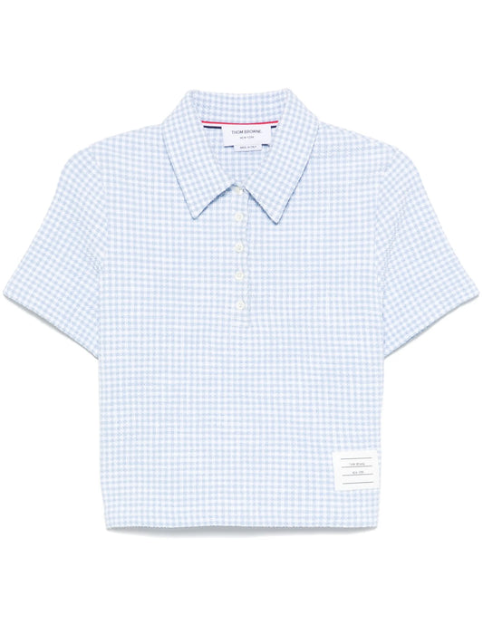 gingham-check tweed polo top