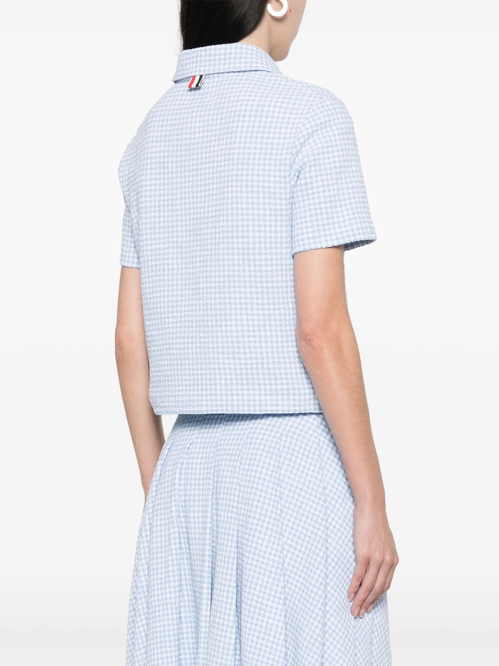 gingham-check tweed polo top