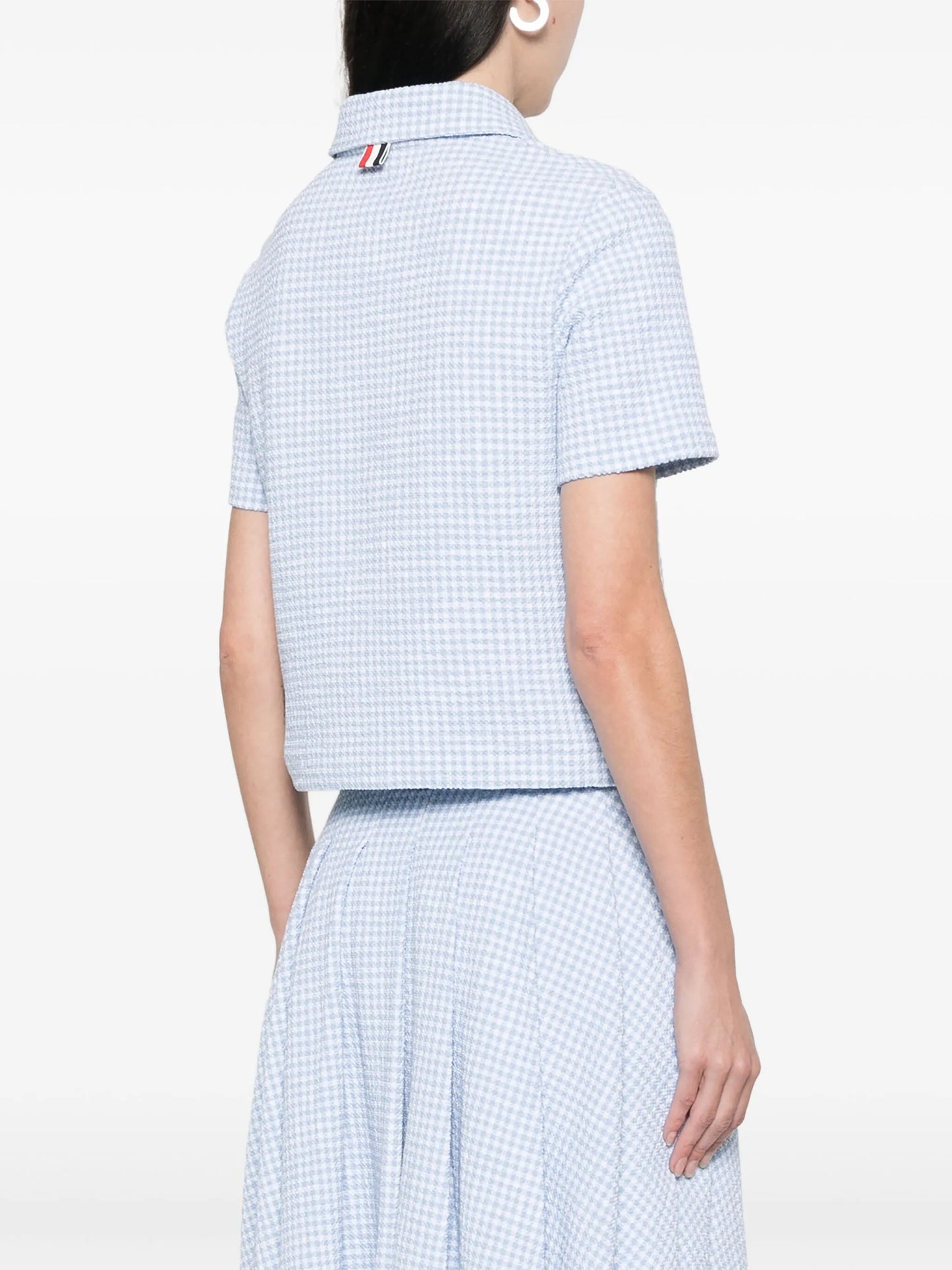 gingham-check tweed polo top