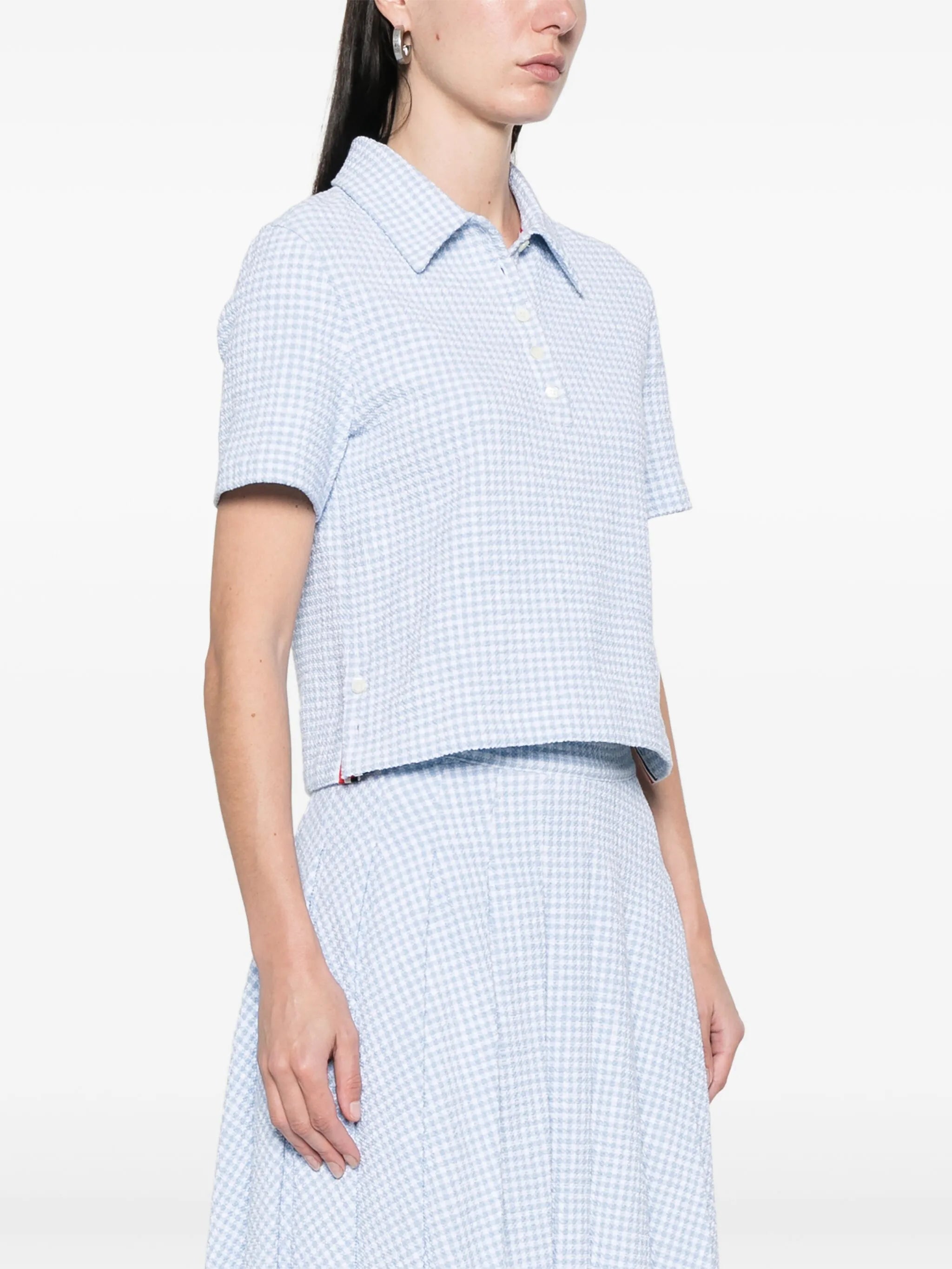 gingham-check tweed polo top