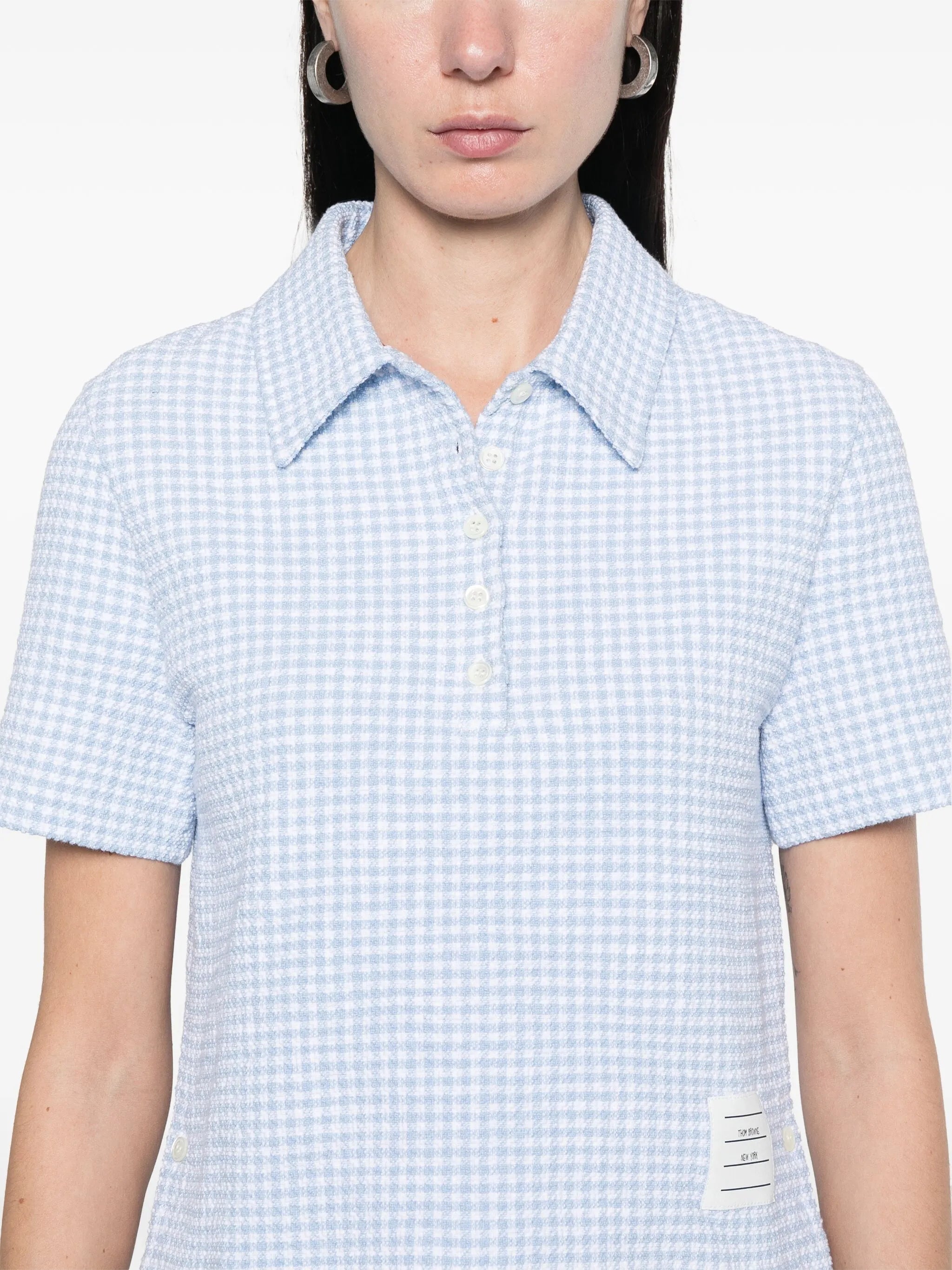gingham-check tweed polo top