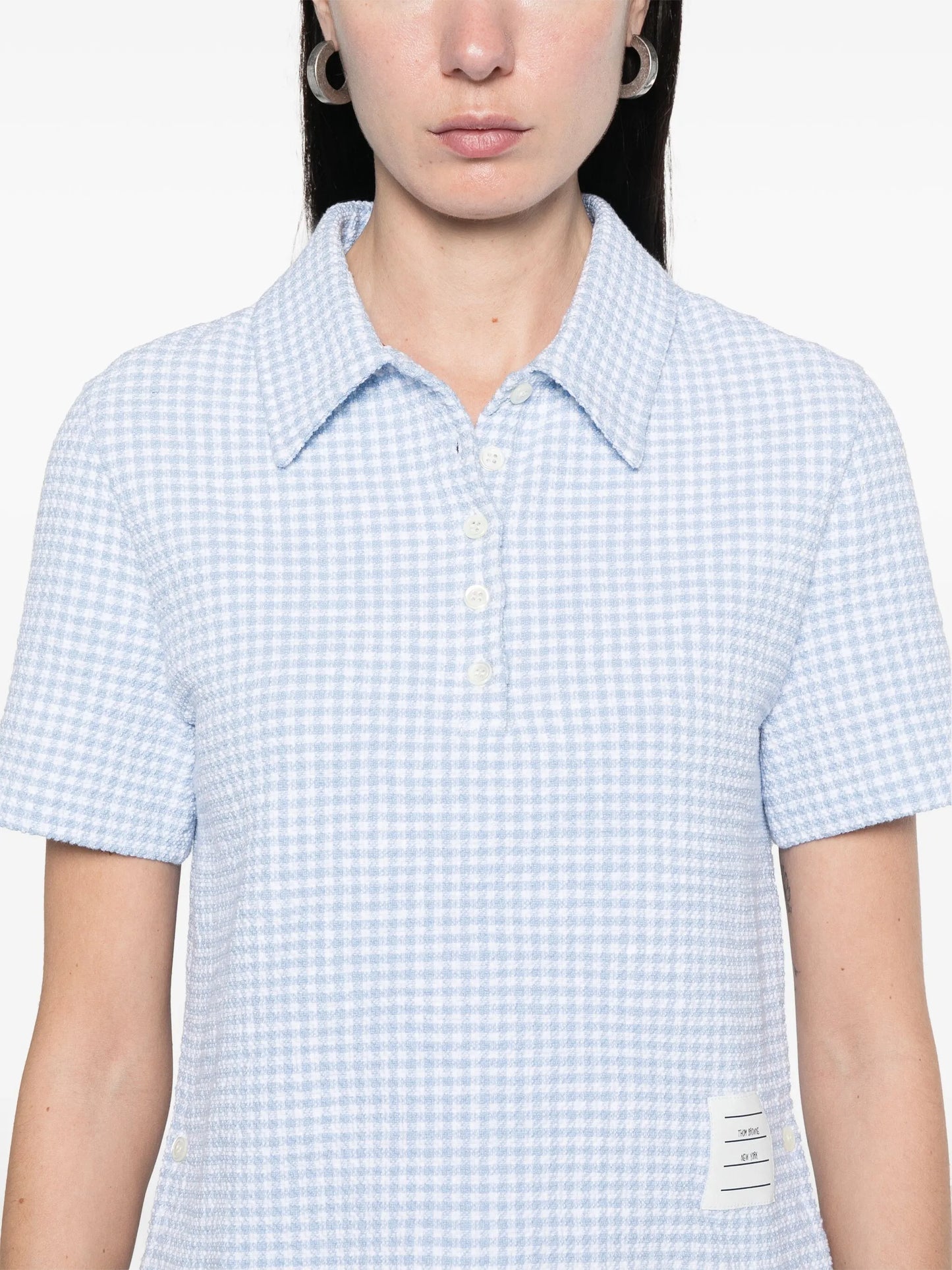 gingham-check tweed polo top