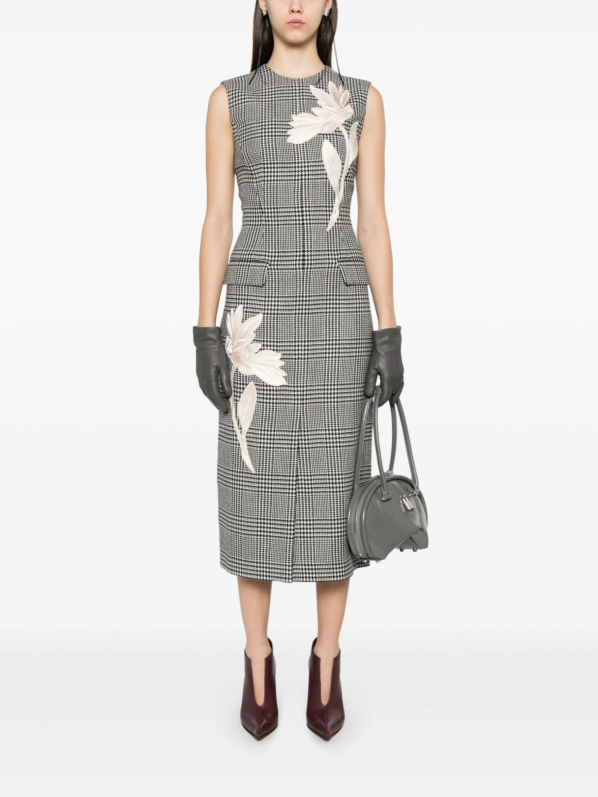 floral-embroidered checked maxi dress