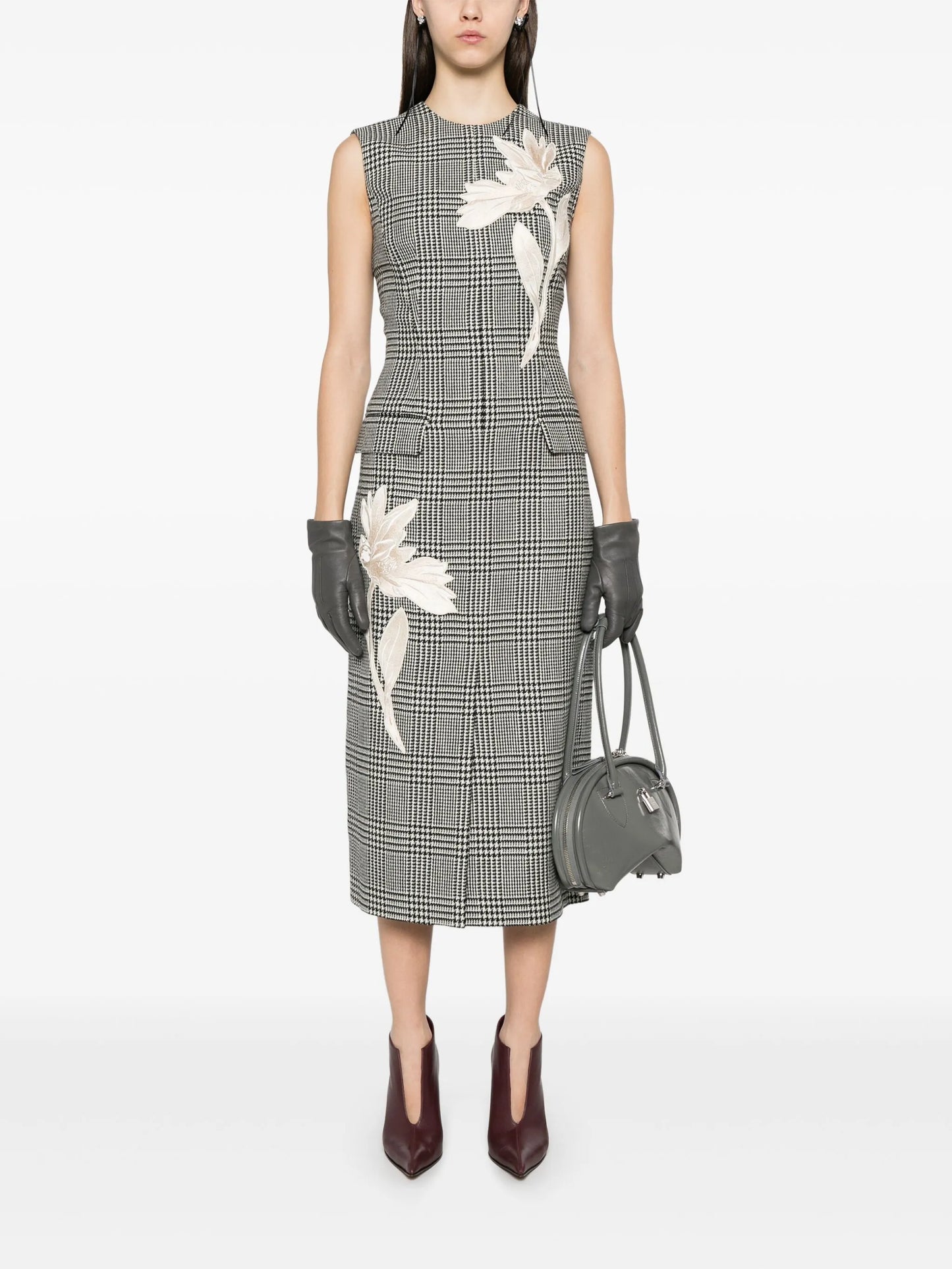 floral-embroidered checked maxi dress