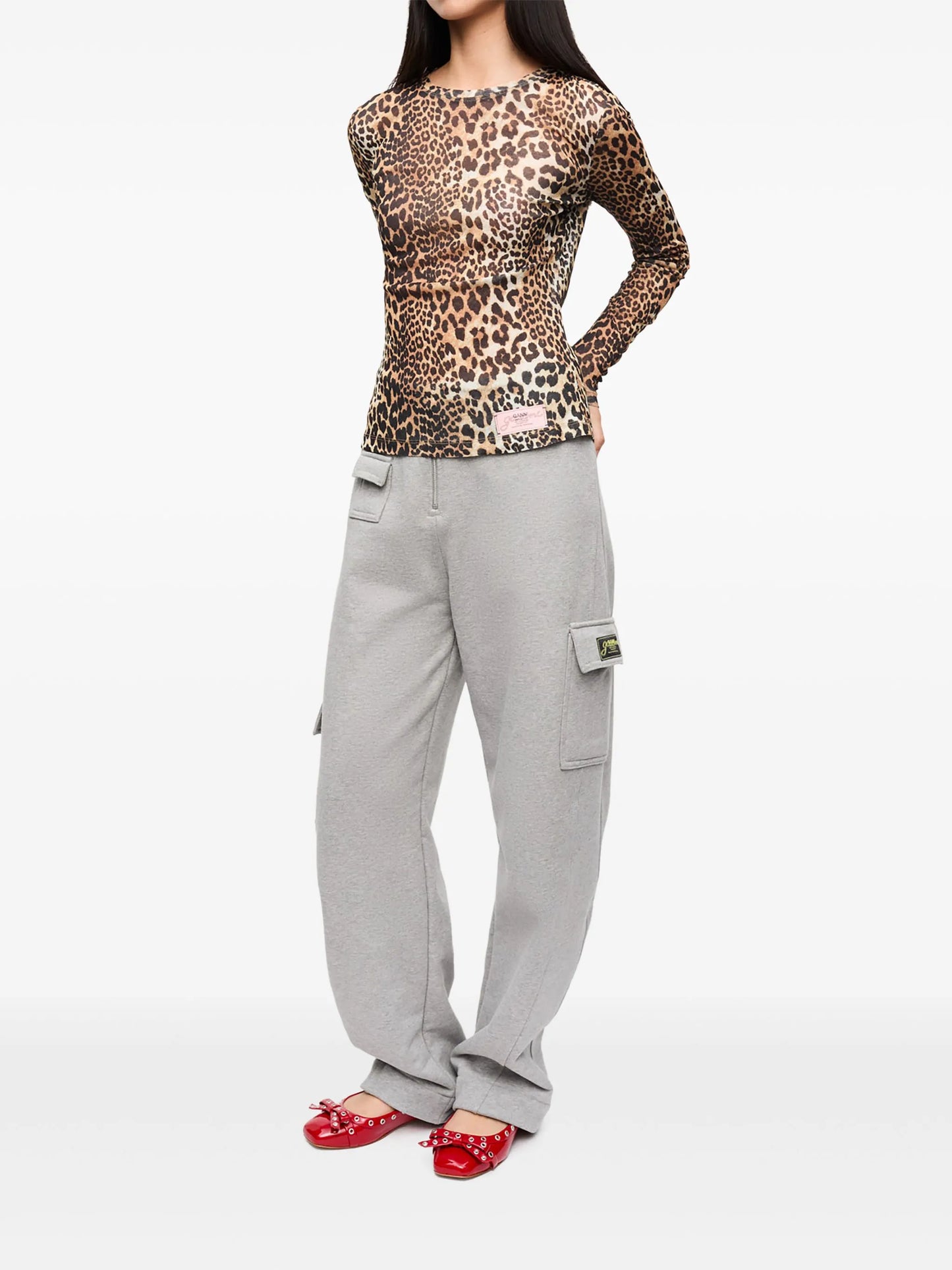 leopard printed mesh long-sleeve blouse