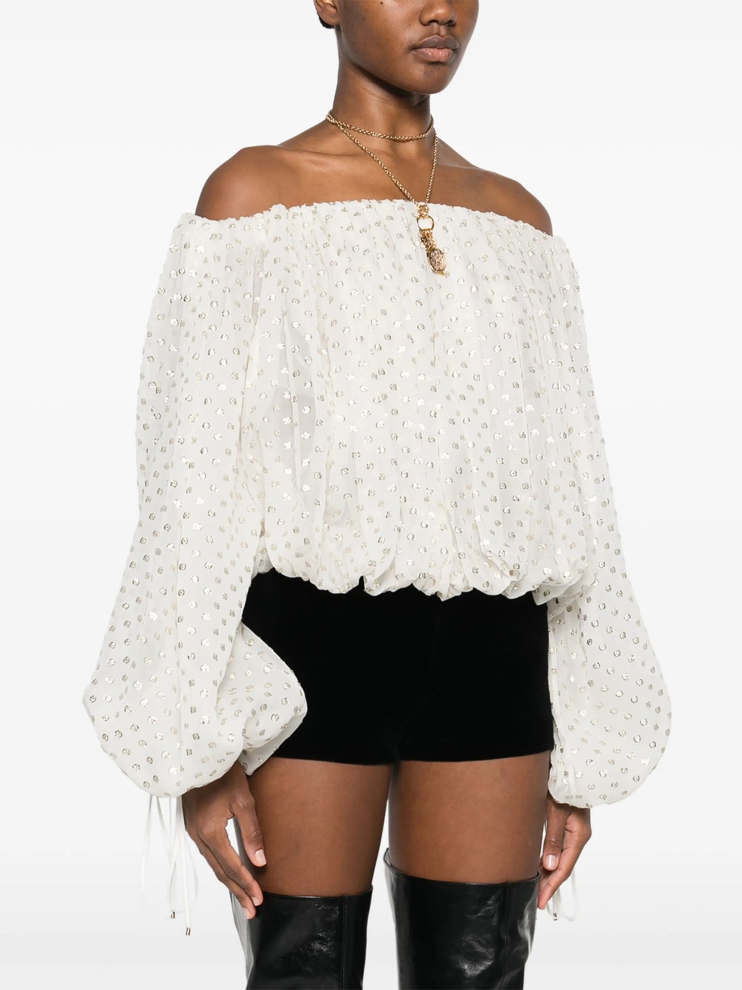 off-the-shoulder jacquard blouse