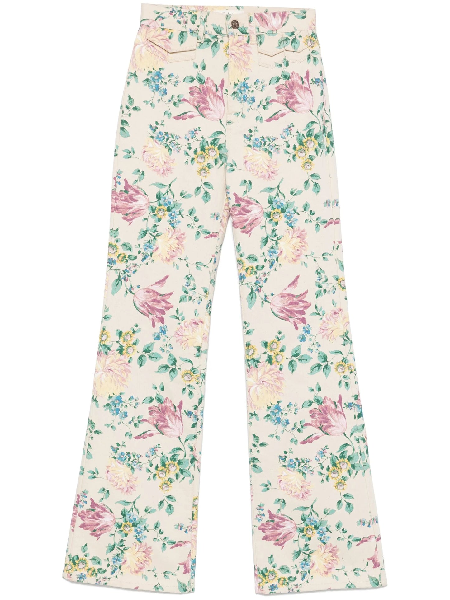 high-waisted floral-print jeans