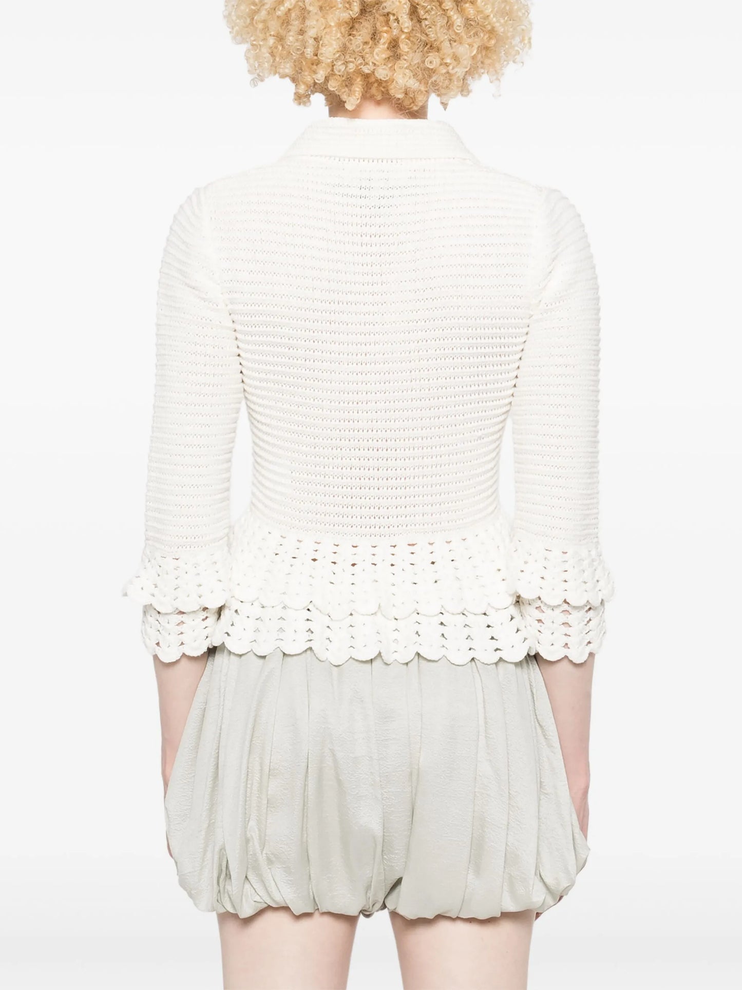 ruffled-hem crochet cardigan