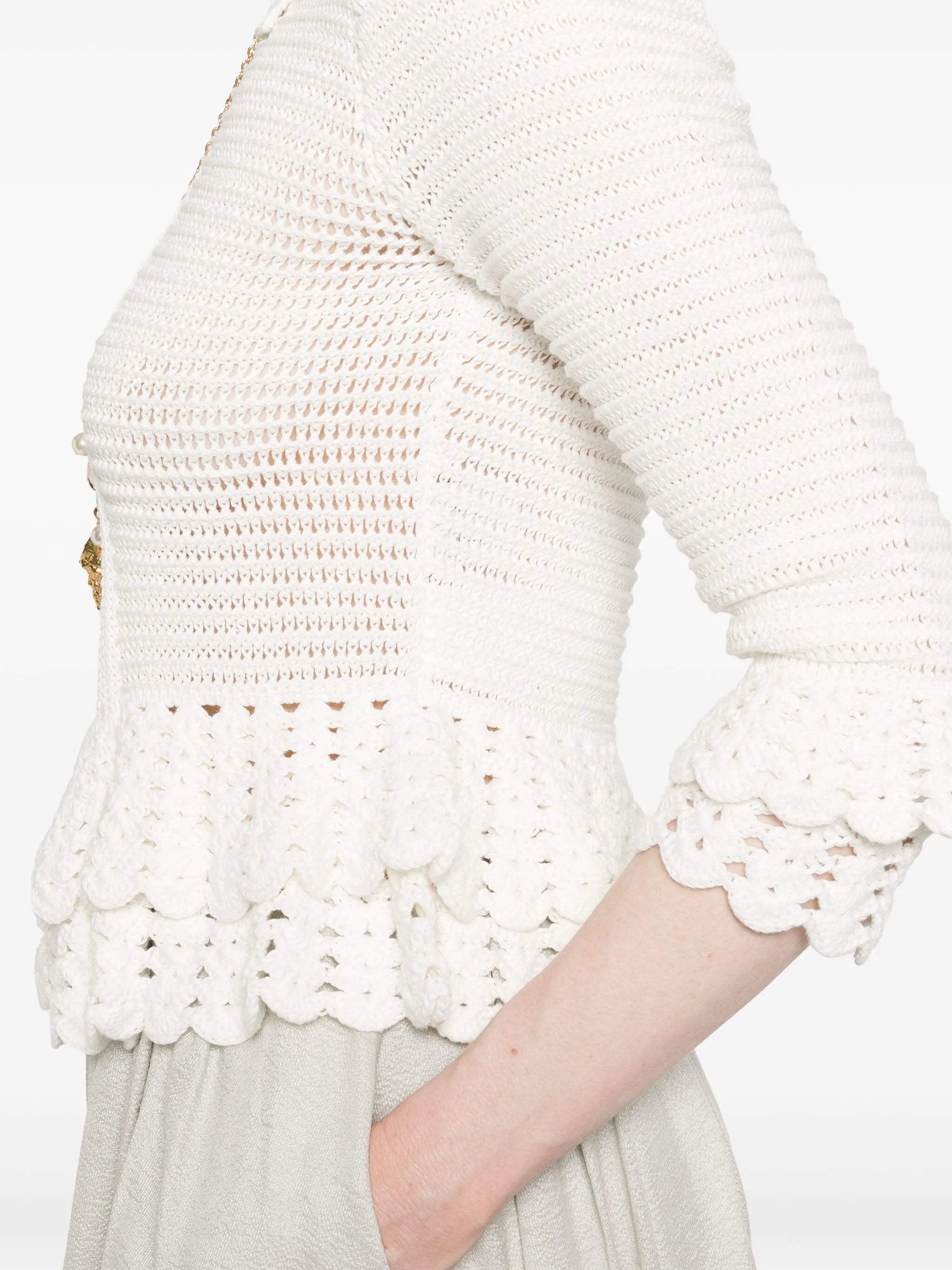 ruffled-hem crochet cardigan