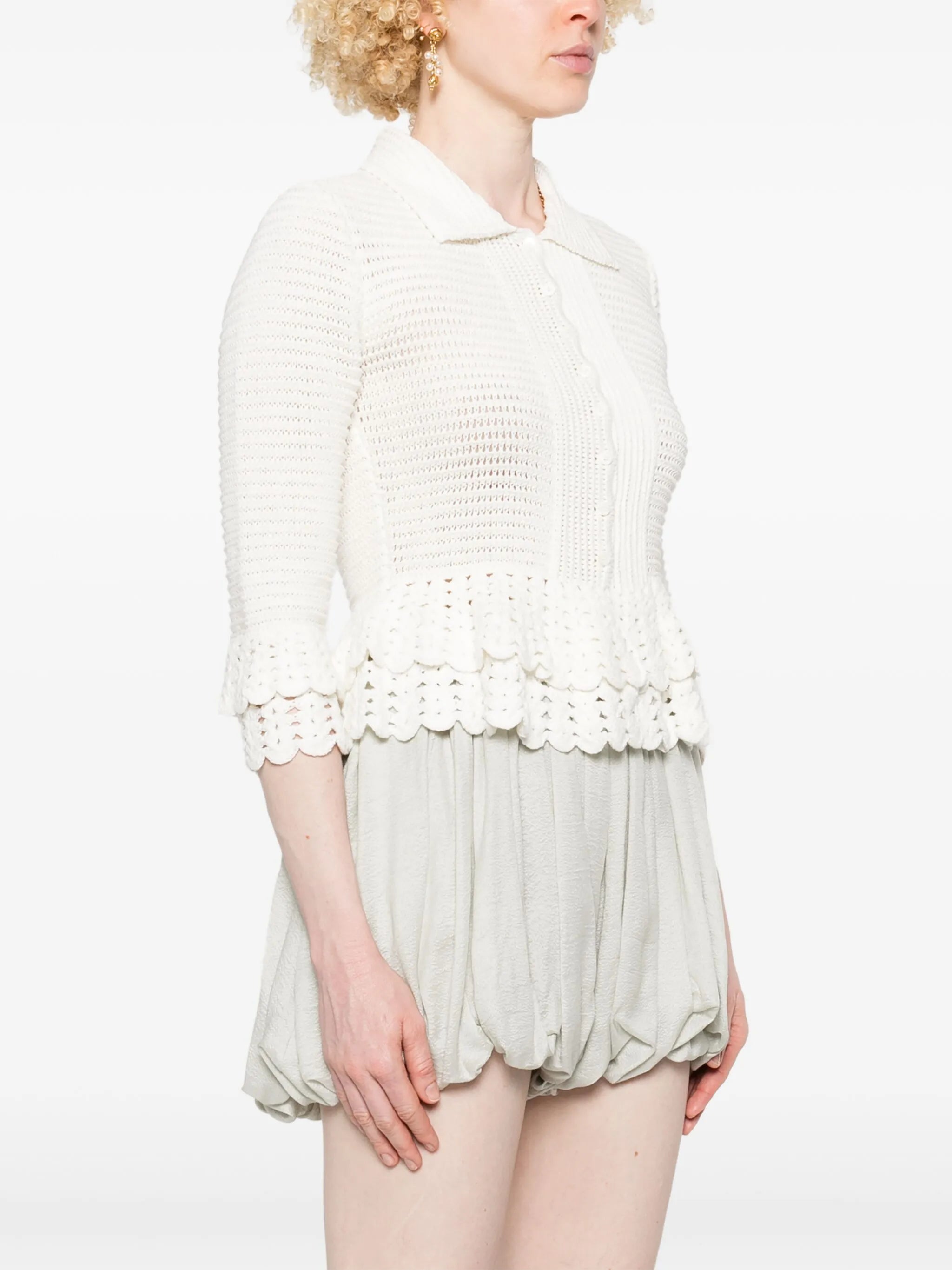 ruffled-hem crochet cardigan