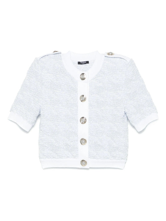 short-sleeve tweed cardigan