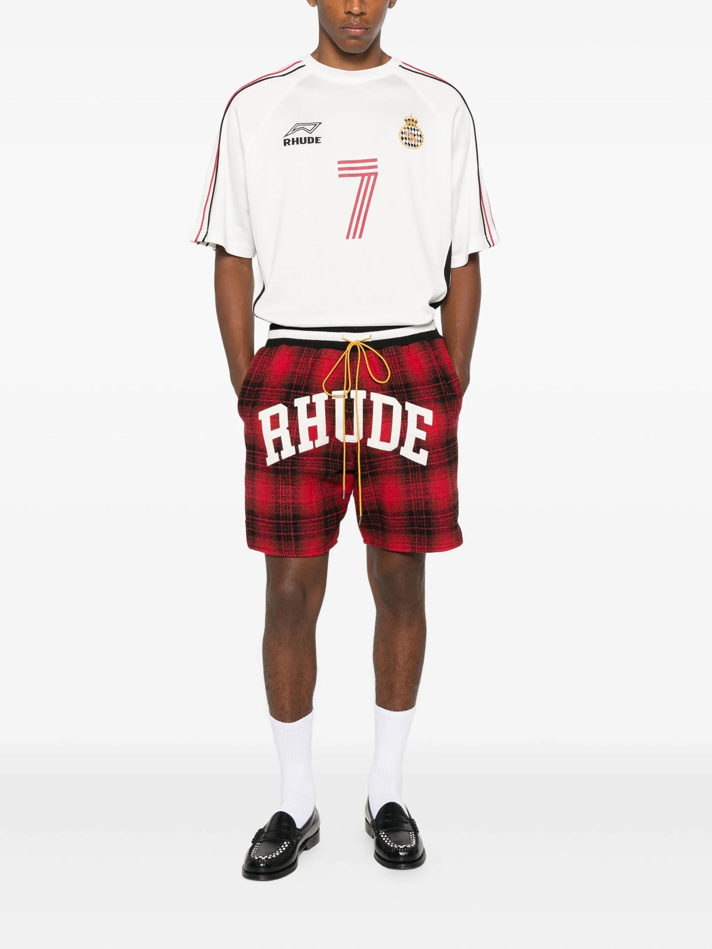 collegiate-logo plaid shorts