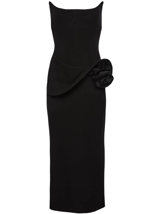 floral-appliqué bustier midi dress