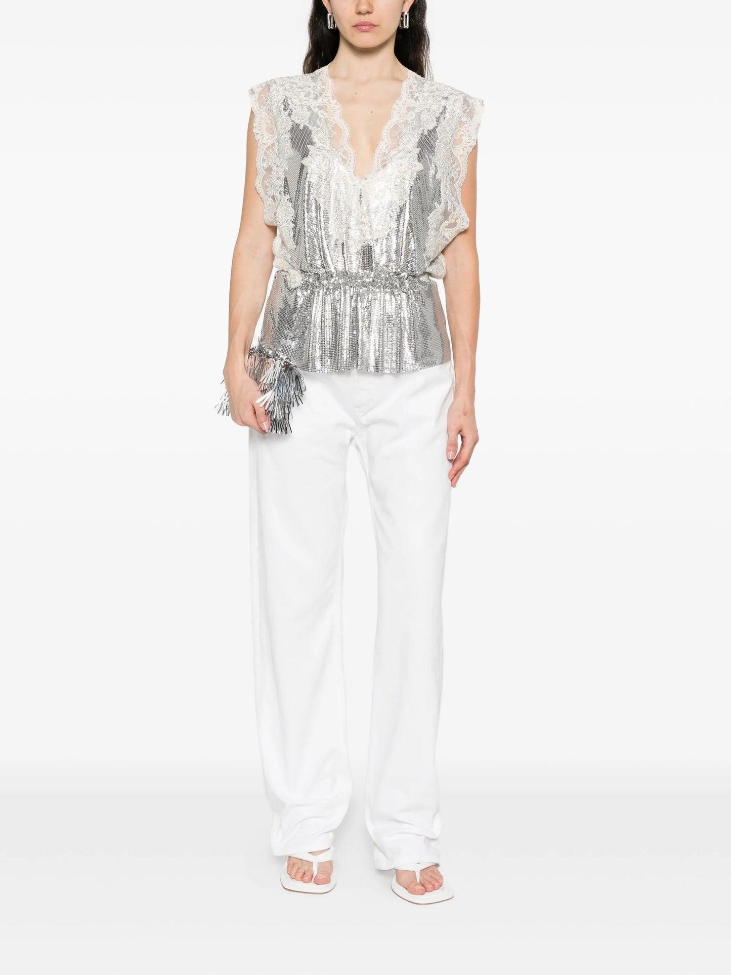 lace-insert mesh gathered-waist top