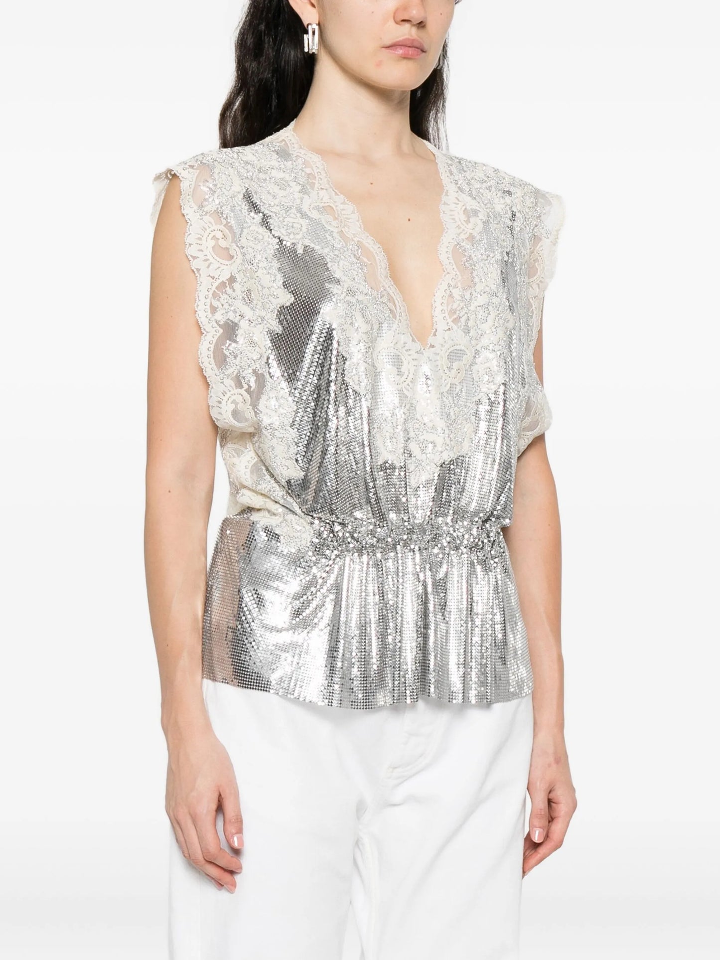 lace-insert mesh gathered-waist top