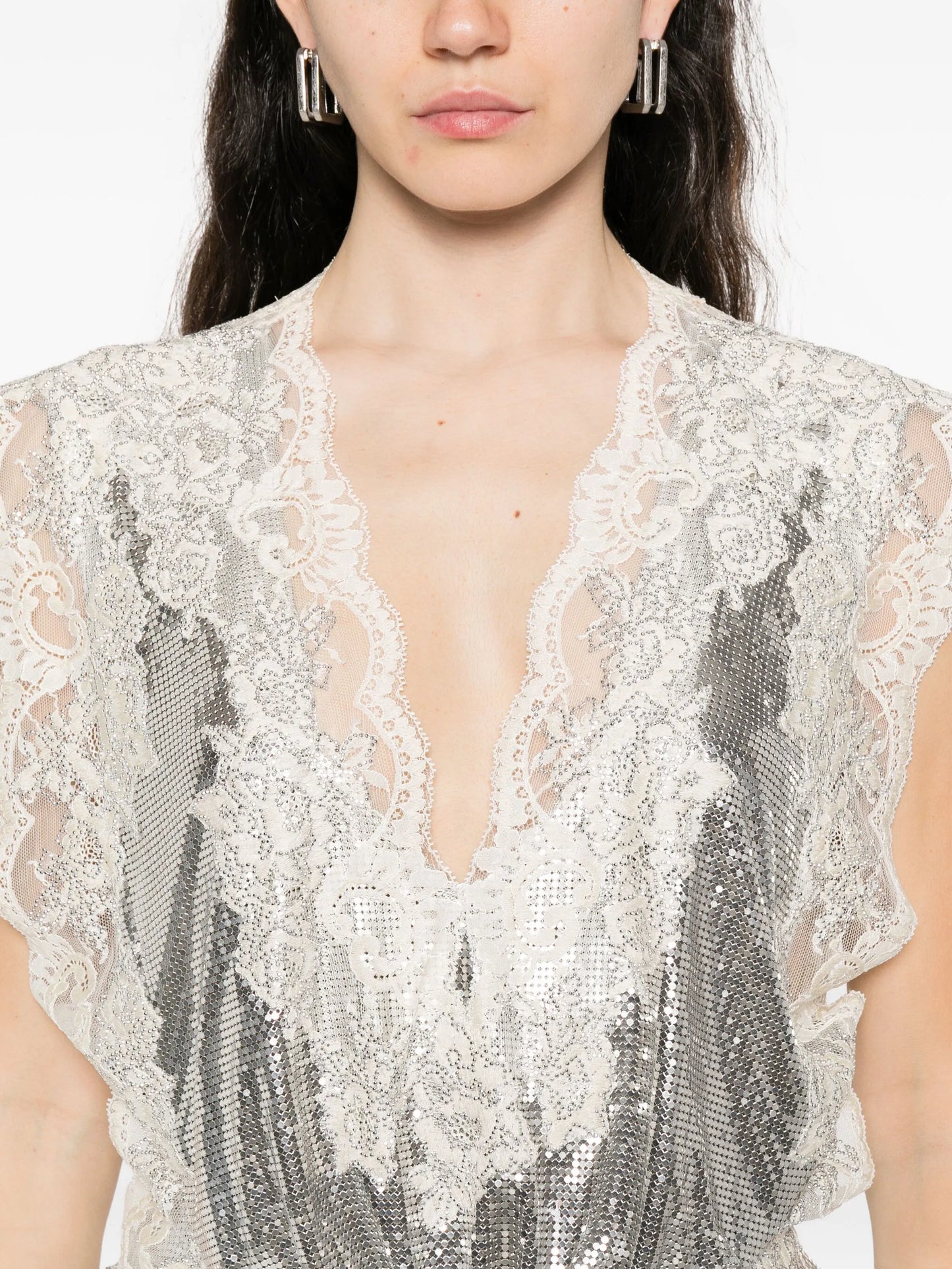 lace-insert mesh gathered-waist top