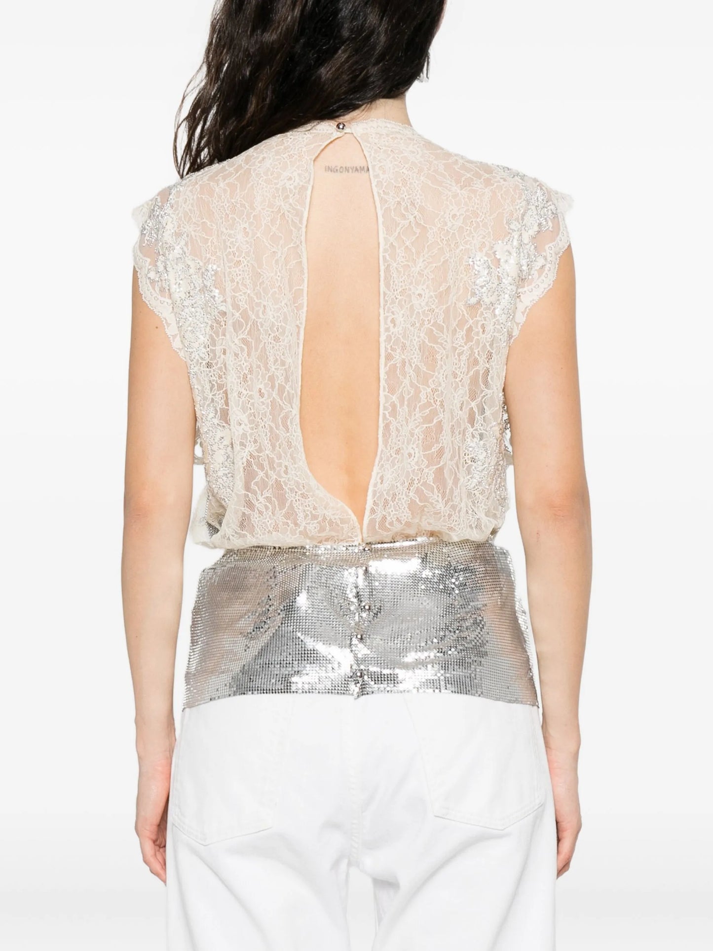 lace-insert mesh gathered-waist top