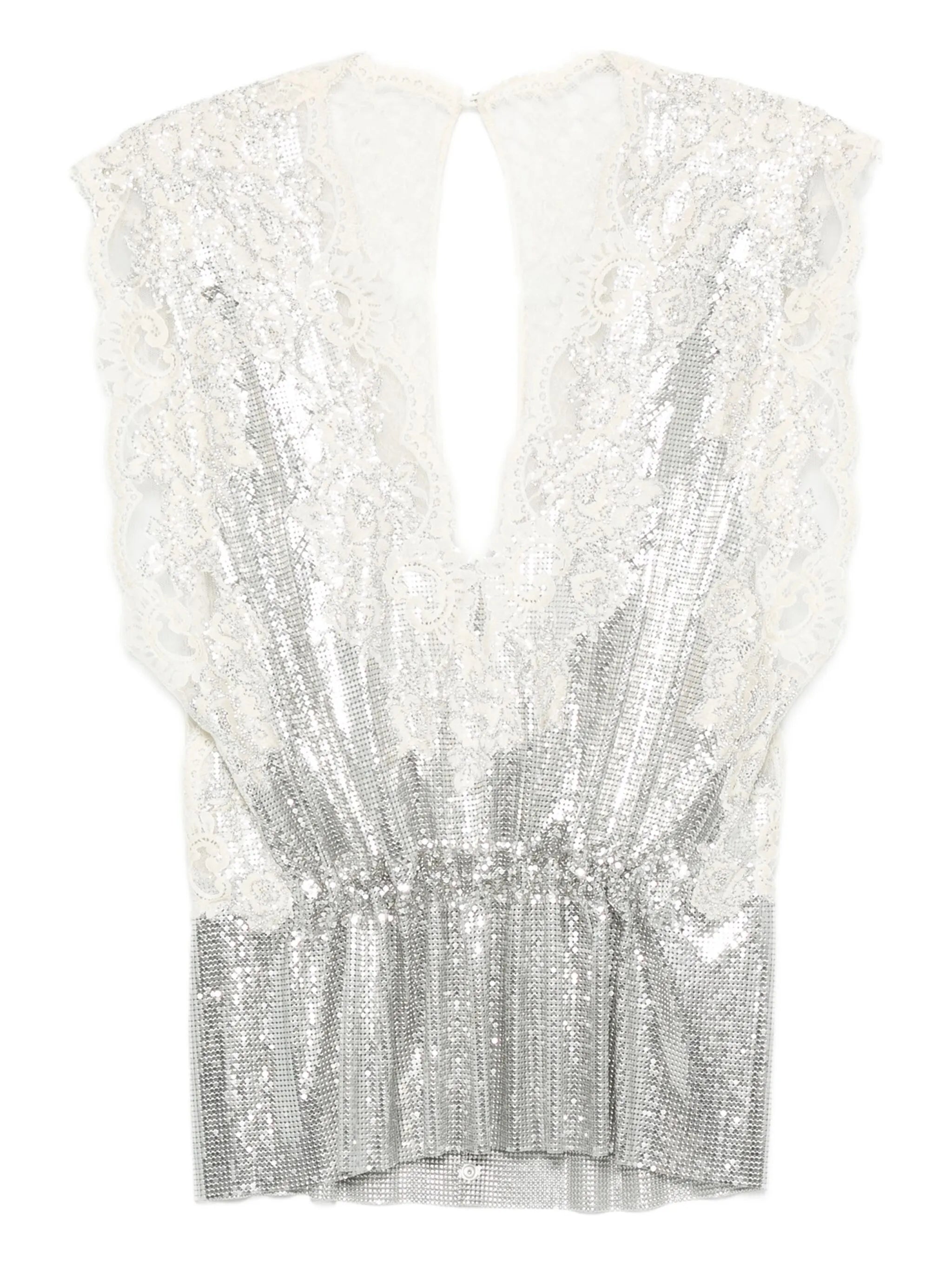lace-insert mesh gathered-waist top