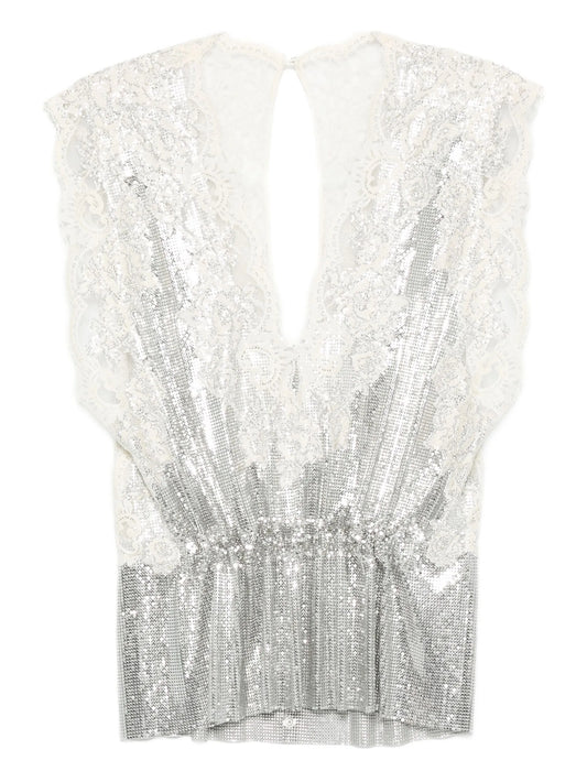 lace-insert mesh gathered-waist top