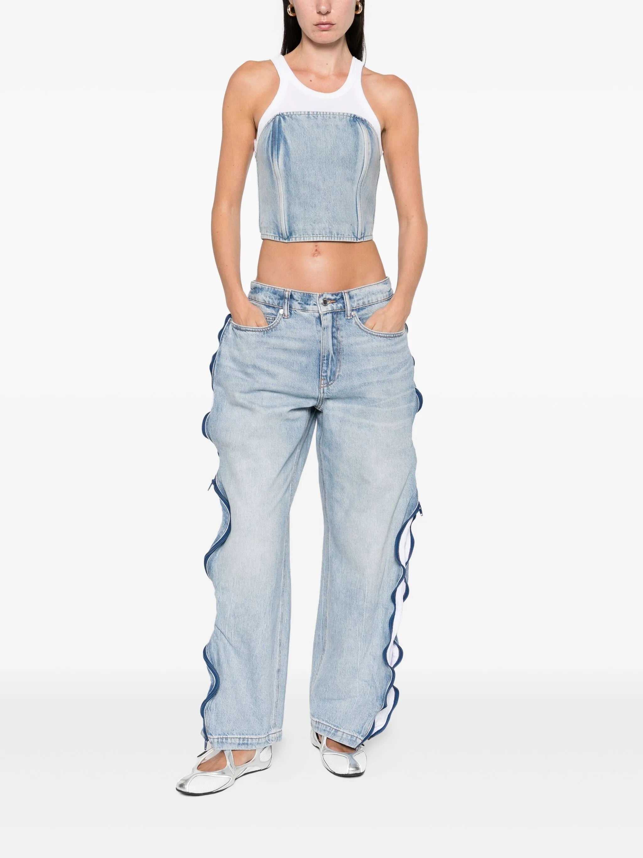 zip-detail perforated-panel jeans