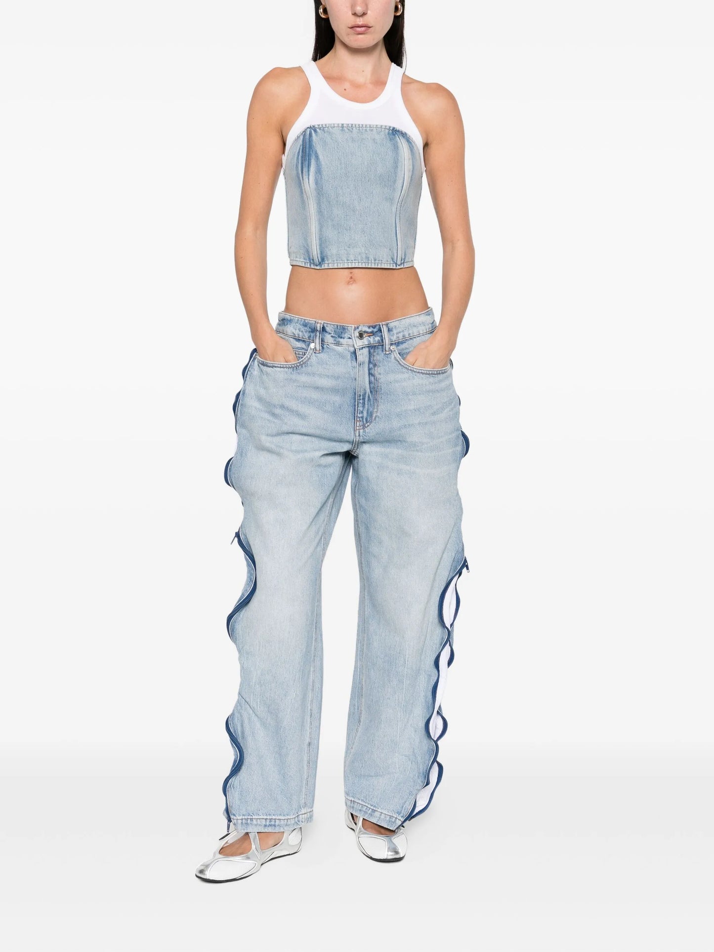 zip-detail perforated-panel jeans
