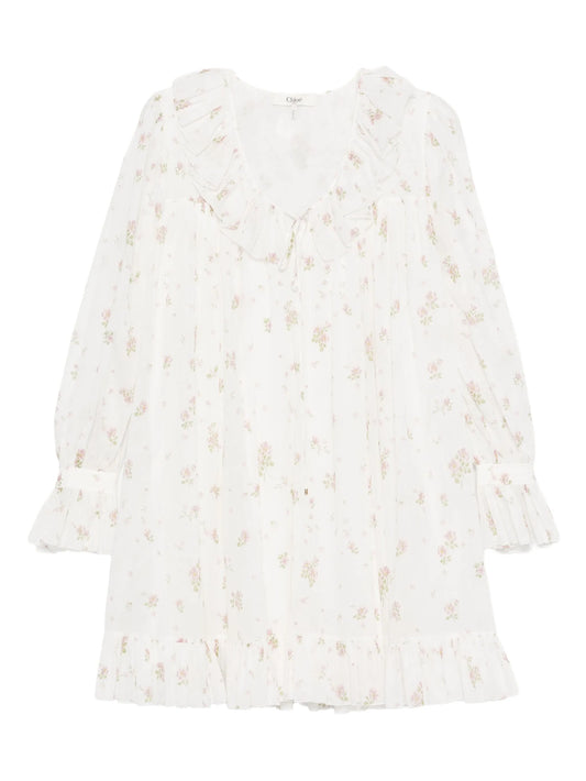 gathered floral-print cotton mini dress