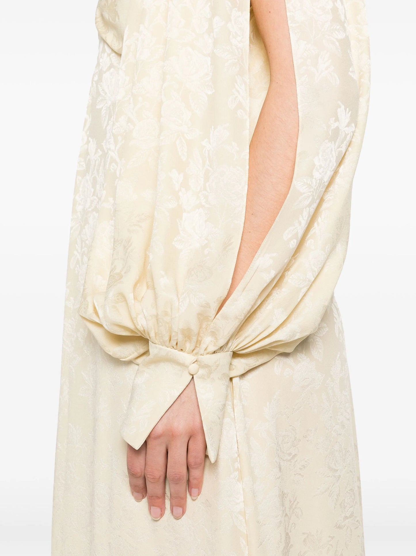 floral-jacquard ruched midi dress