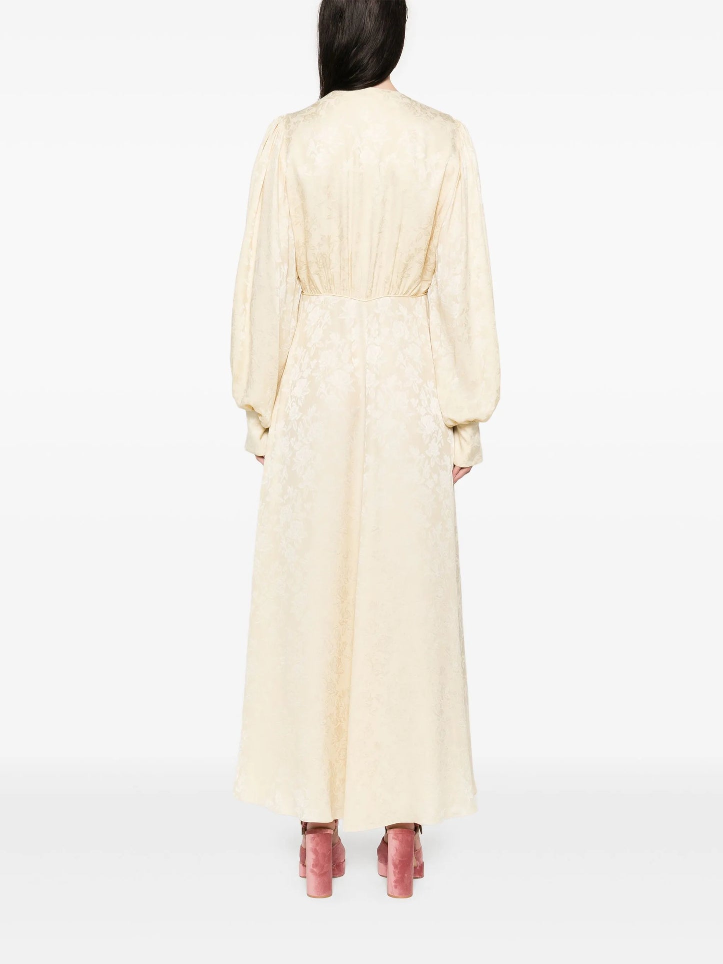 floral-jacquard ruched midi dress