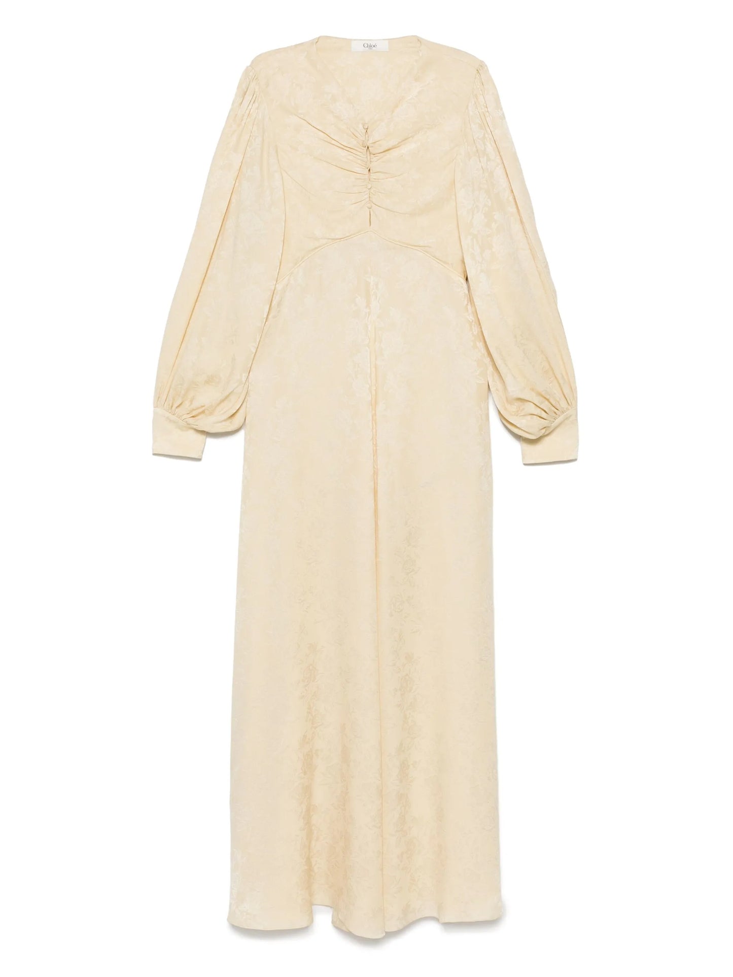 floral-jacquard ruched midi dress