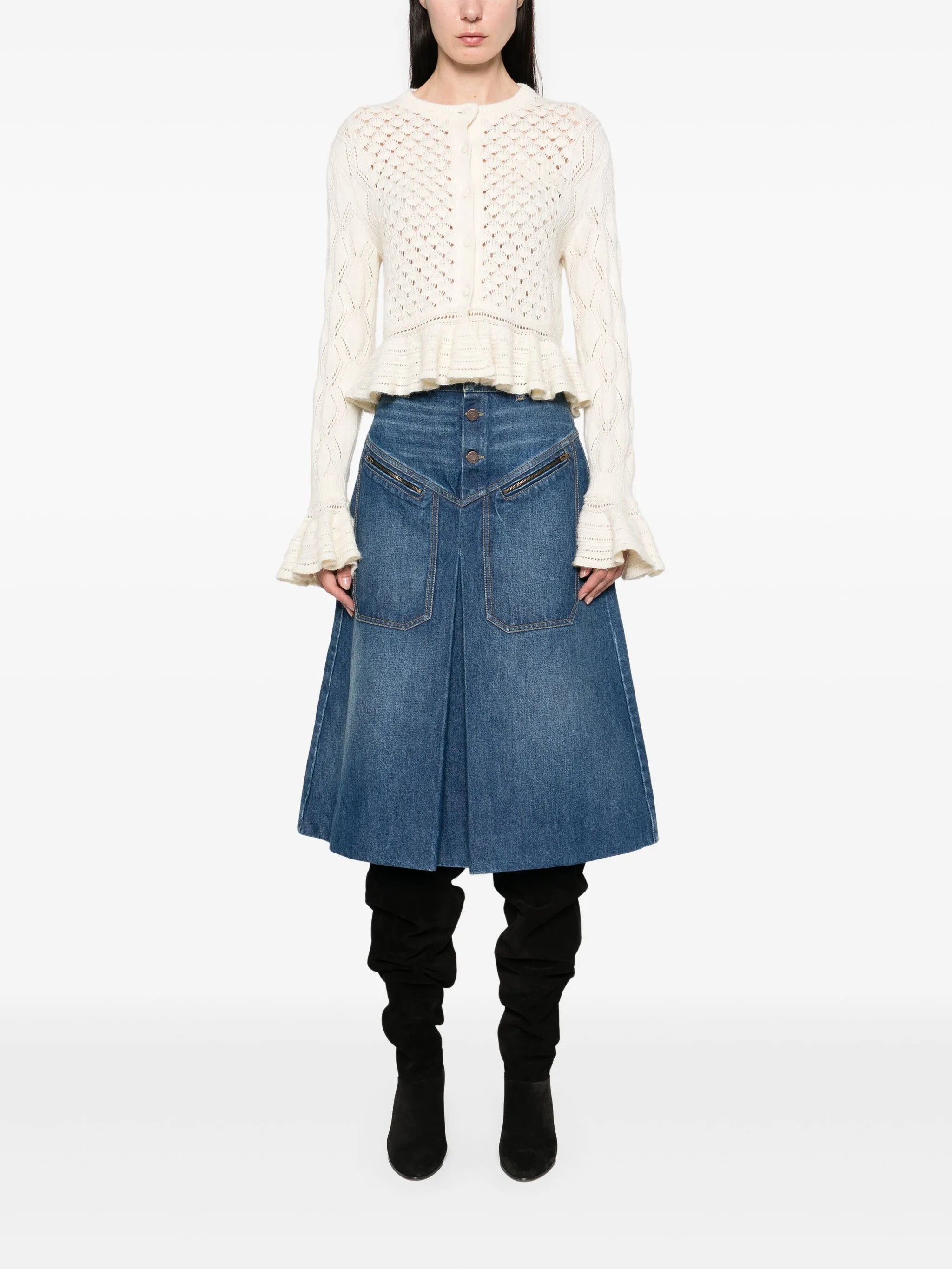 open-knit ruffled cardigan