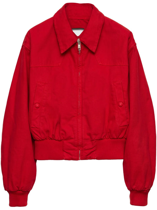 Red denim bomber jacket