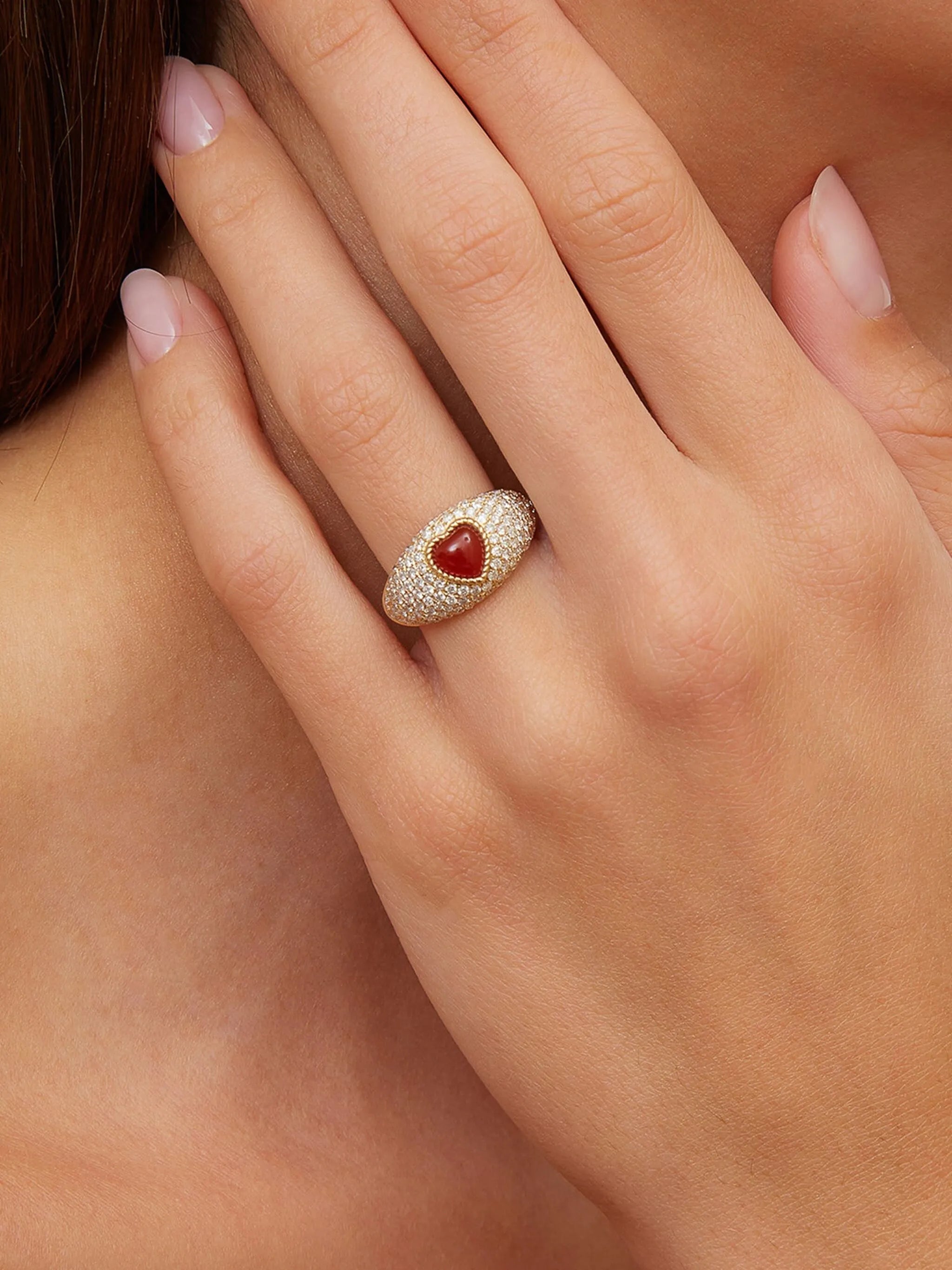 9K yellow gold Mini Bague Dôme Coeur diamond and agate ring