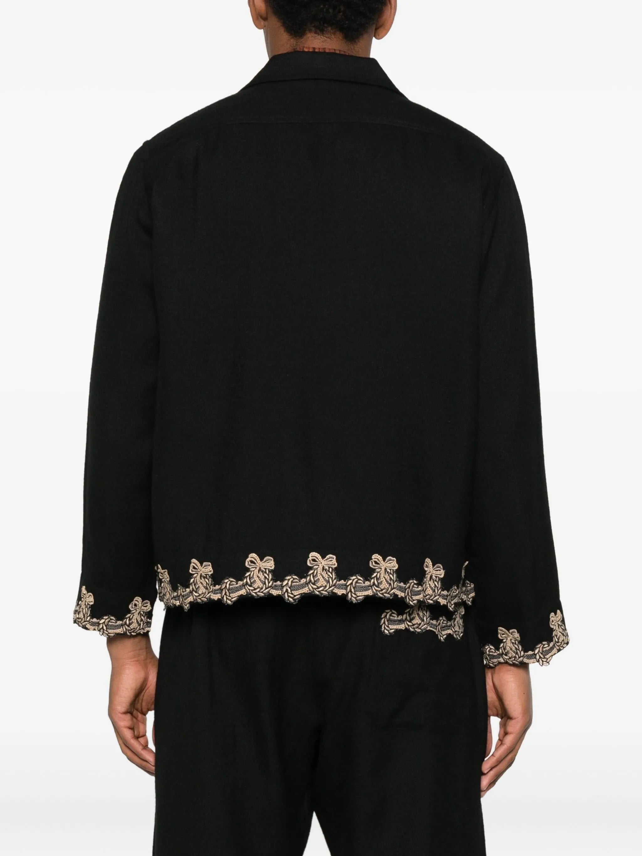 embroidered-pocket wool overshirt